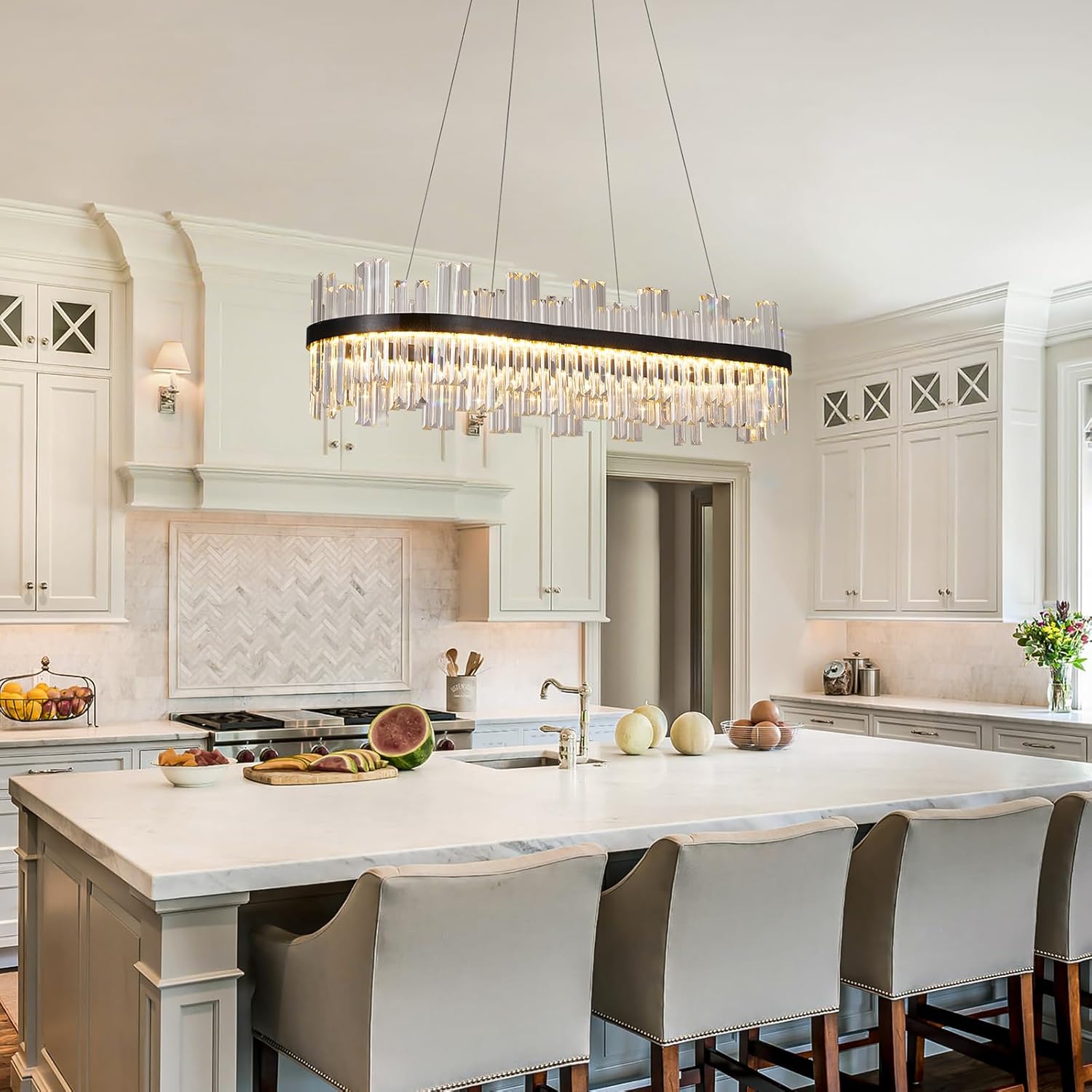 Modern Linear Crystal Chandelier with Remote – Dimmable LED Matte Black Pendant Light for Dining Room & Living Space