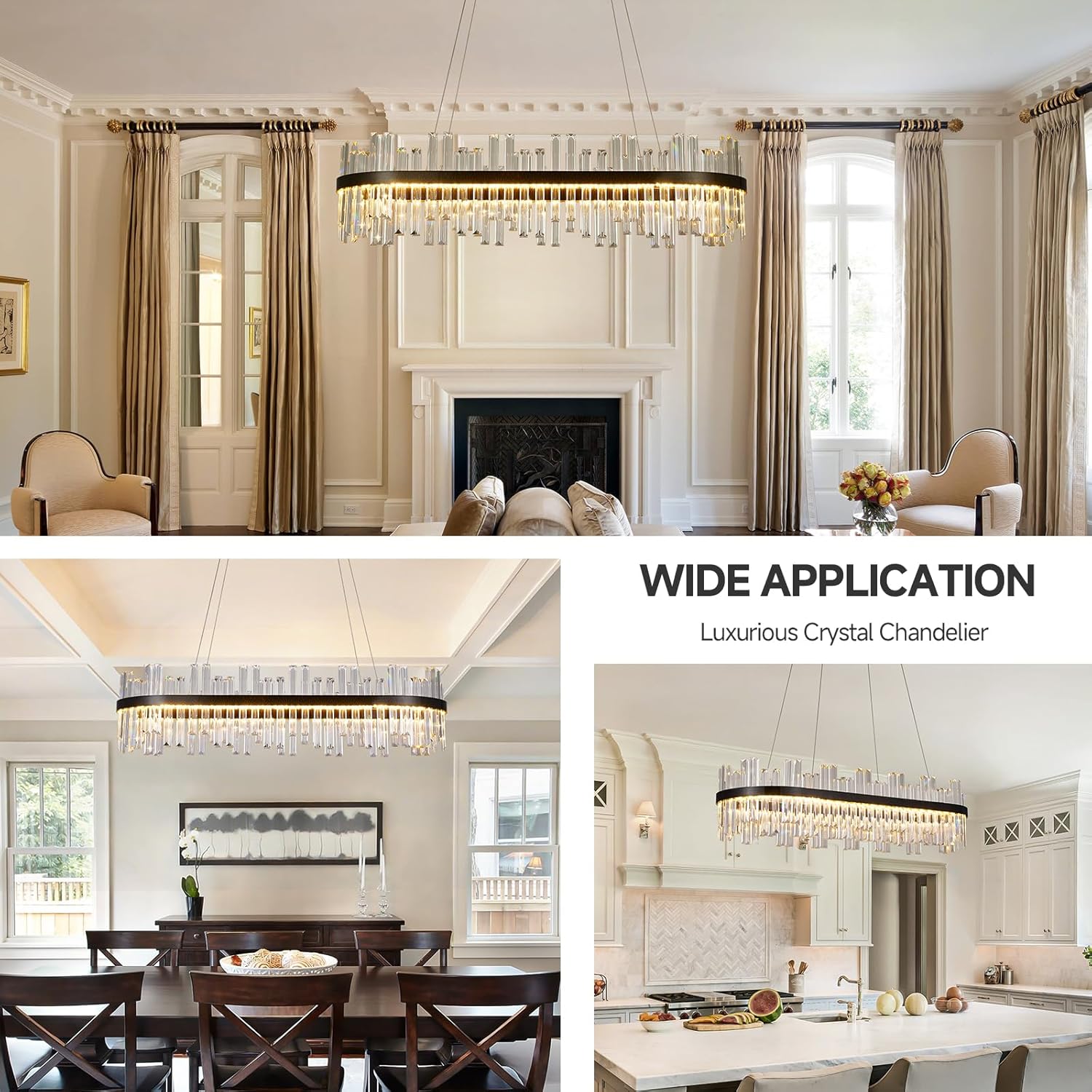 Modern Linear Crystal Chandelier with Remote – Dimmable LED Matte Black Pendant Light for Dining Room & Living Space