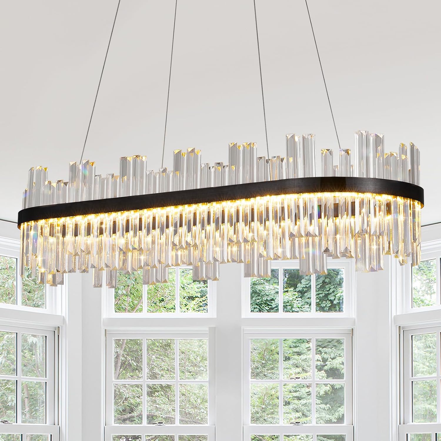 Modern Linear Crystal Chandelier with Remote – Dimmable LED Matte Black Pendant Light for Dining Room & Living Space