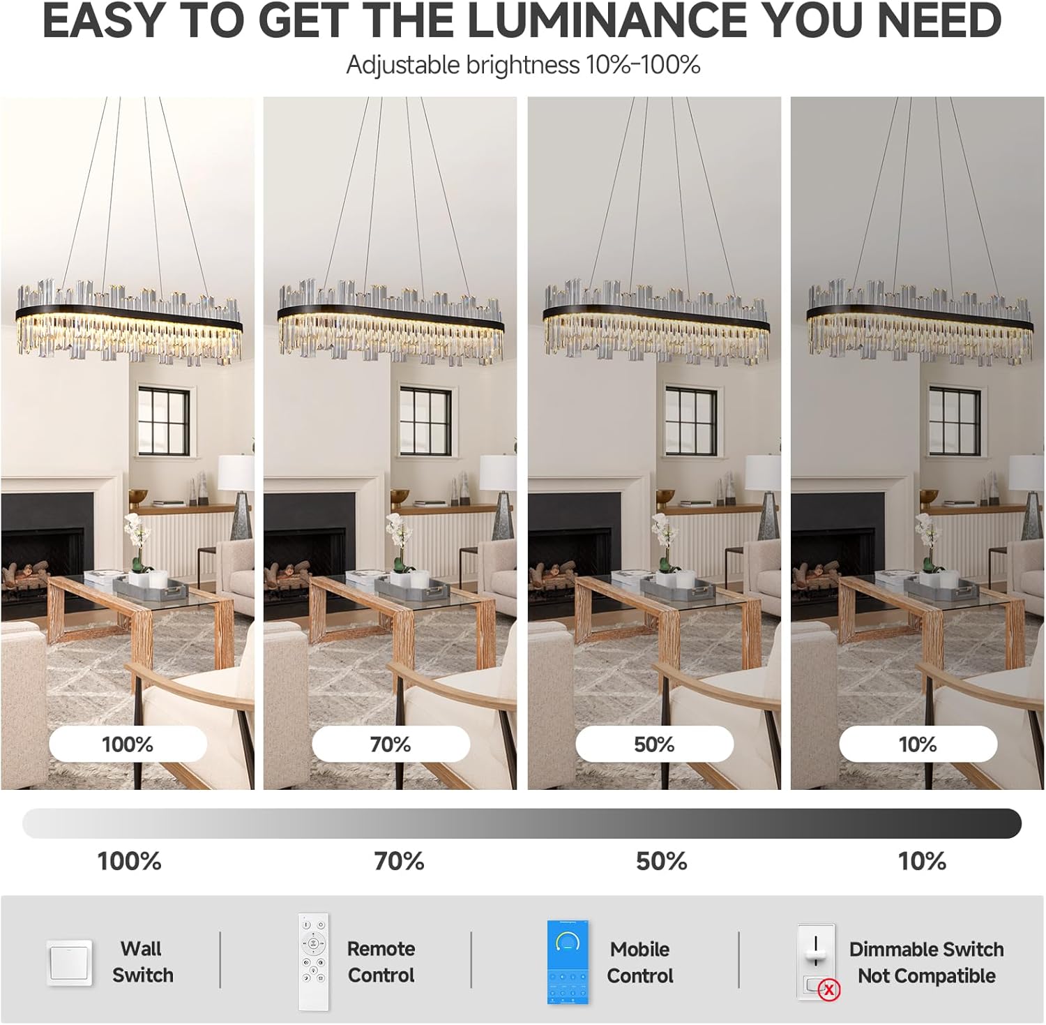 Modern Linear Crystal Chandelier with Remote – Dimmable LED Matte Black Pendant Light for Dining Room & Living Space