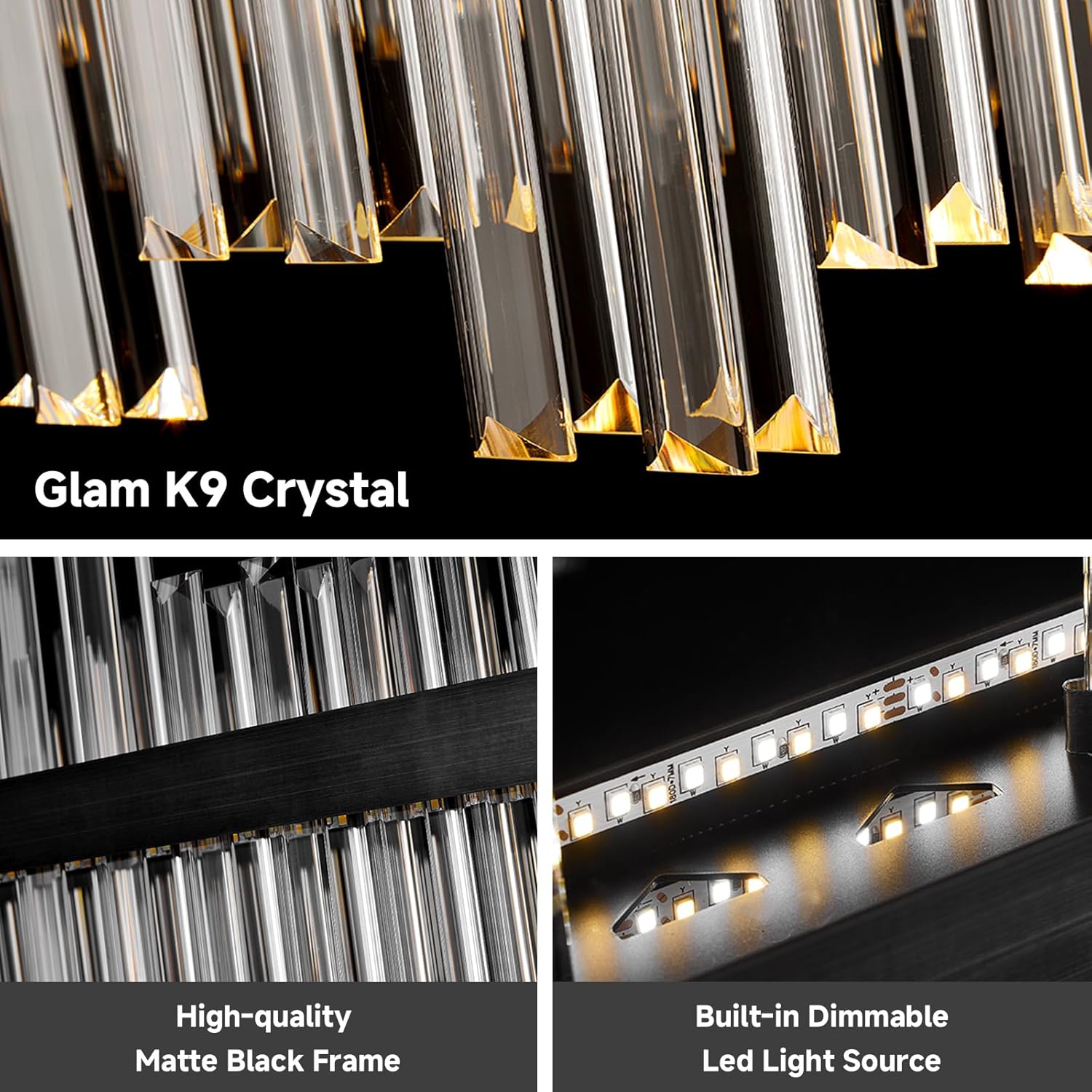 Modern Linear Crystal Chandelier with Remote – Dimmable LED Matte Black Pendant Light for Dining Room & Living Space