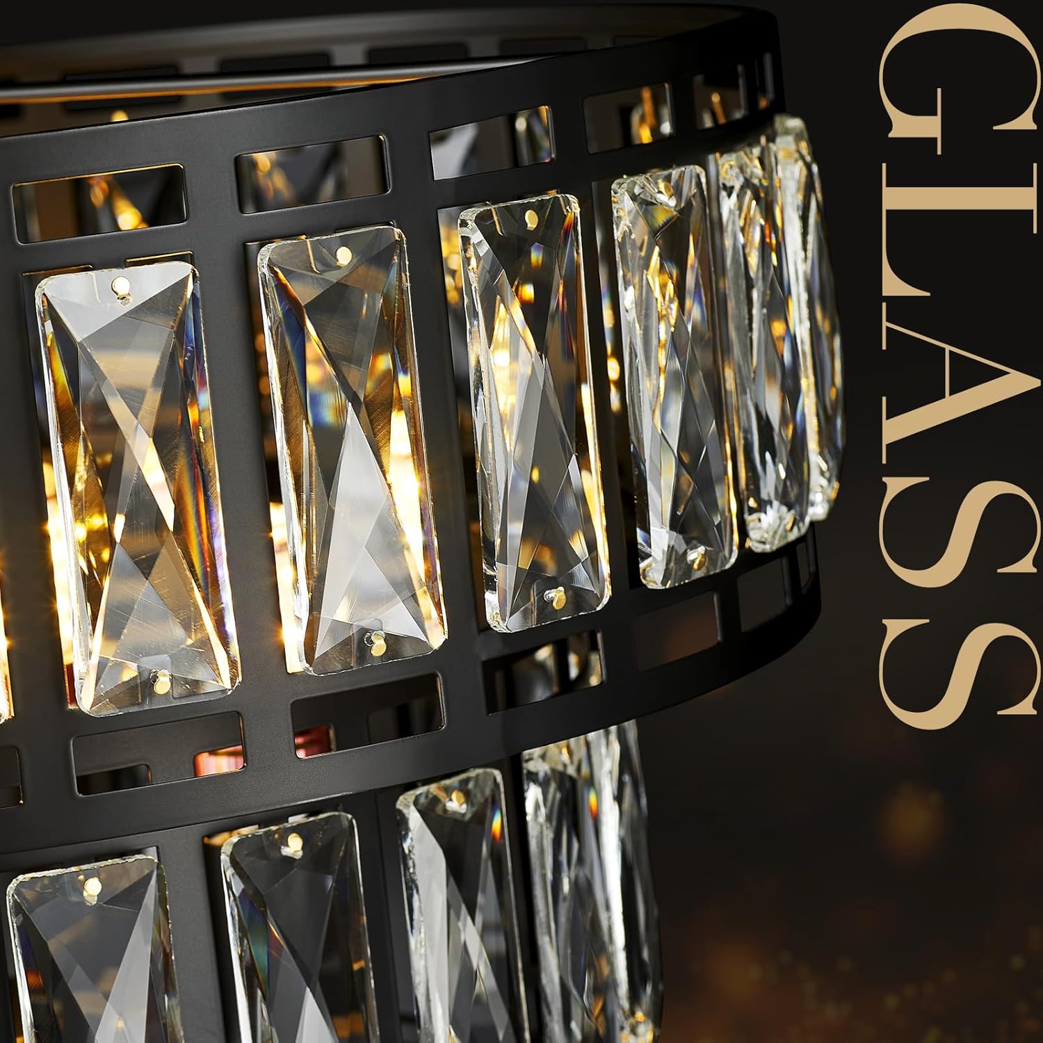 Modern Black Frame Crystal Chandelier – Double Layer Water Ripple Glass Pendant Light