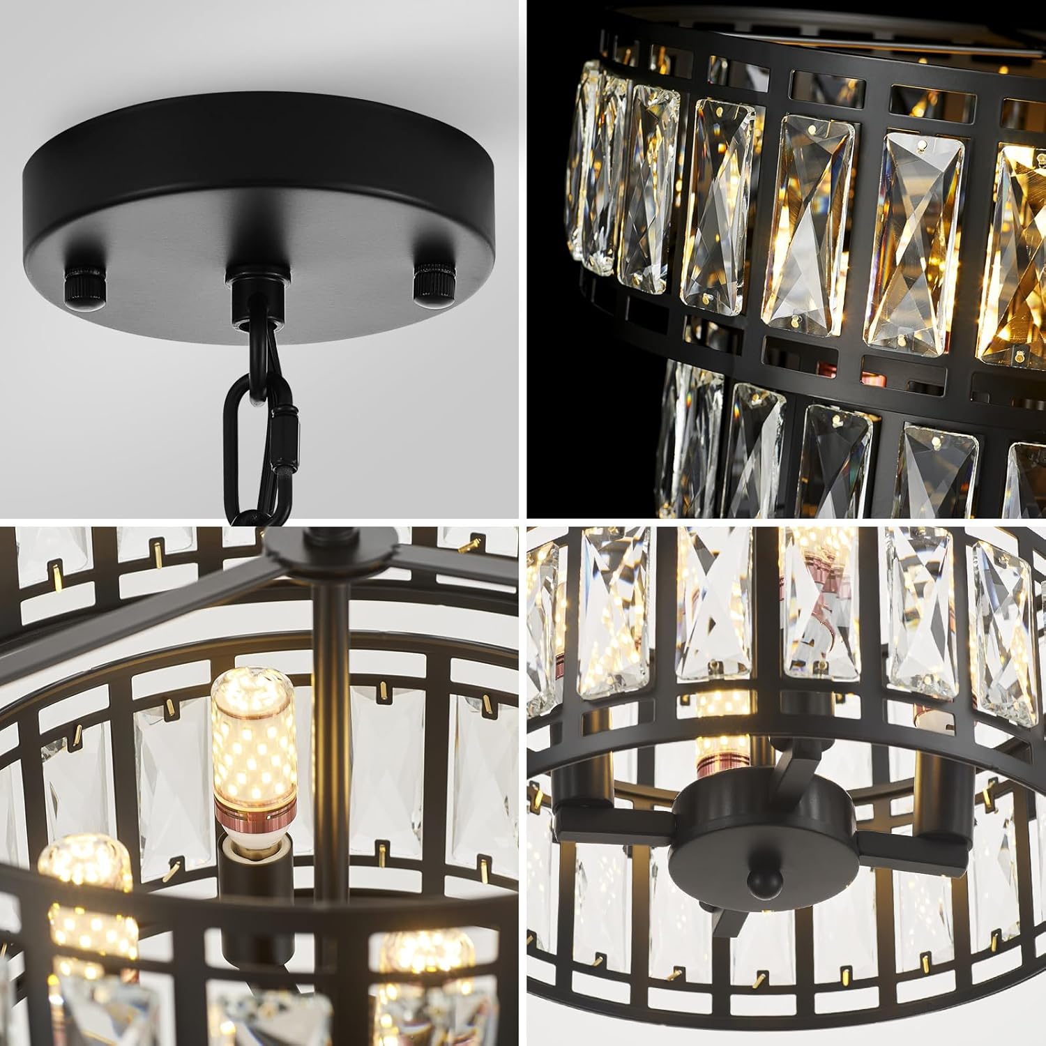 Modern Black Frame Crystal Chandelier – Double Layer Water Ripple Glass Pendant Light