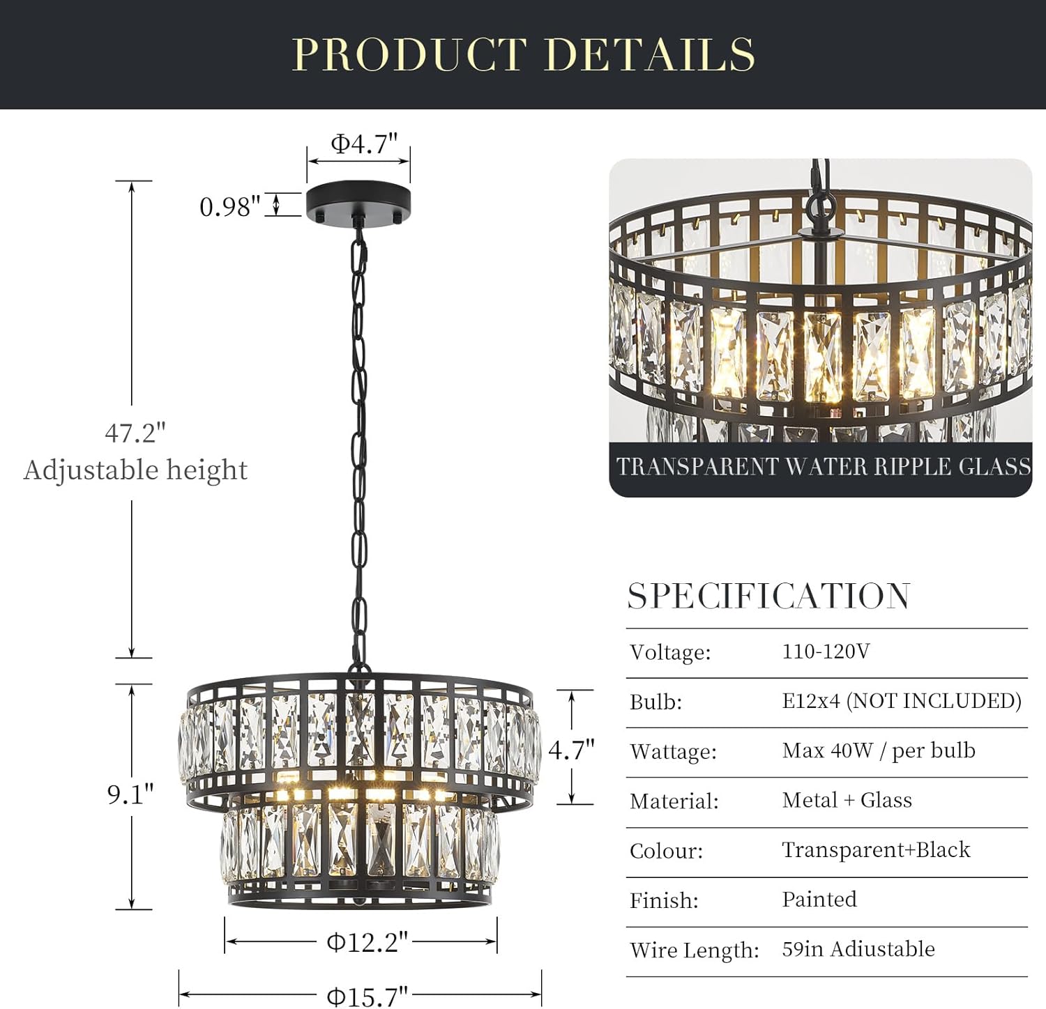 Modern Black Frame Crystal Chandelier – Double Layer Water Ripple Glass Pendant Light