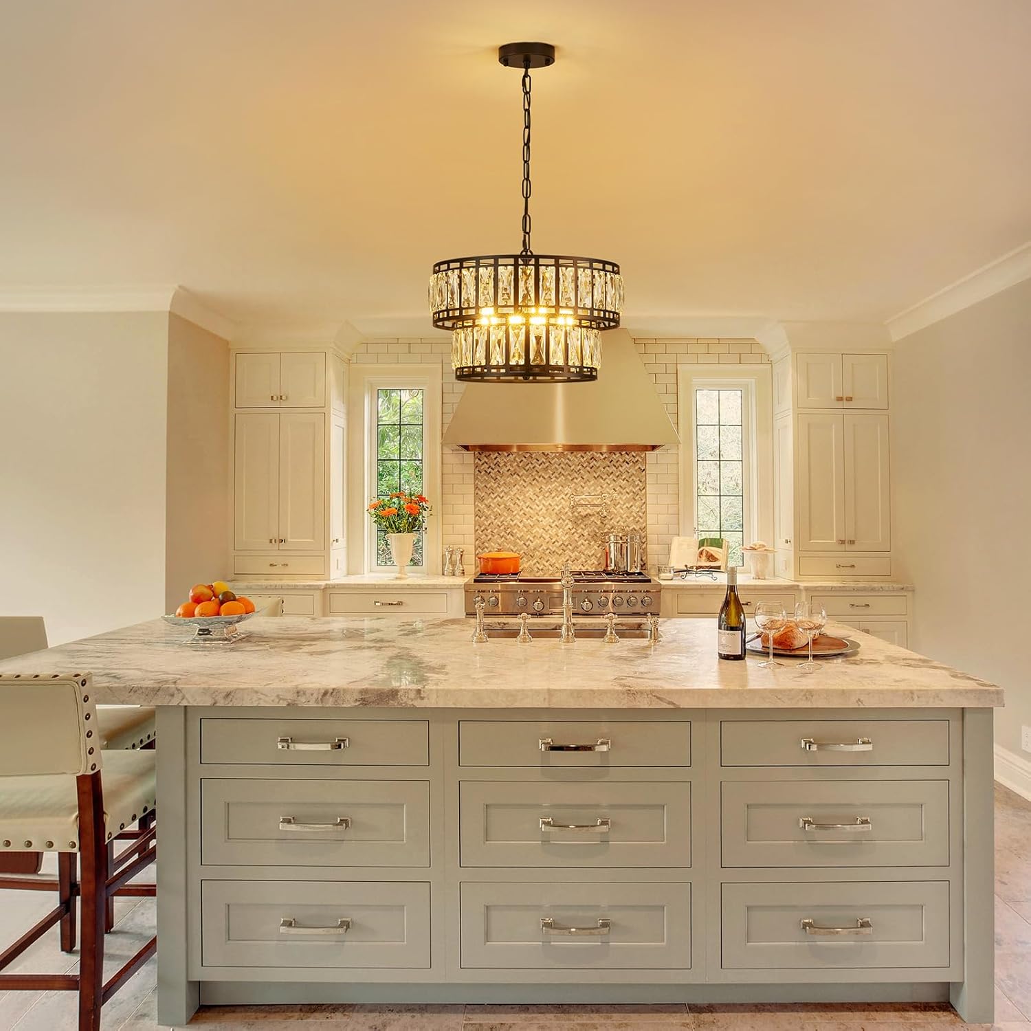 Modern Black Frame Crystal Chandelier – Double Layer Water Ripple Glass Pendant Light