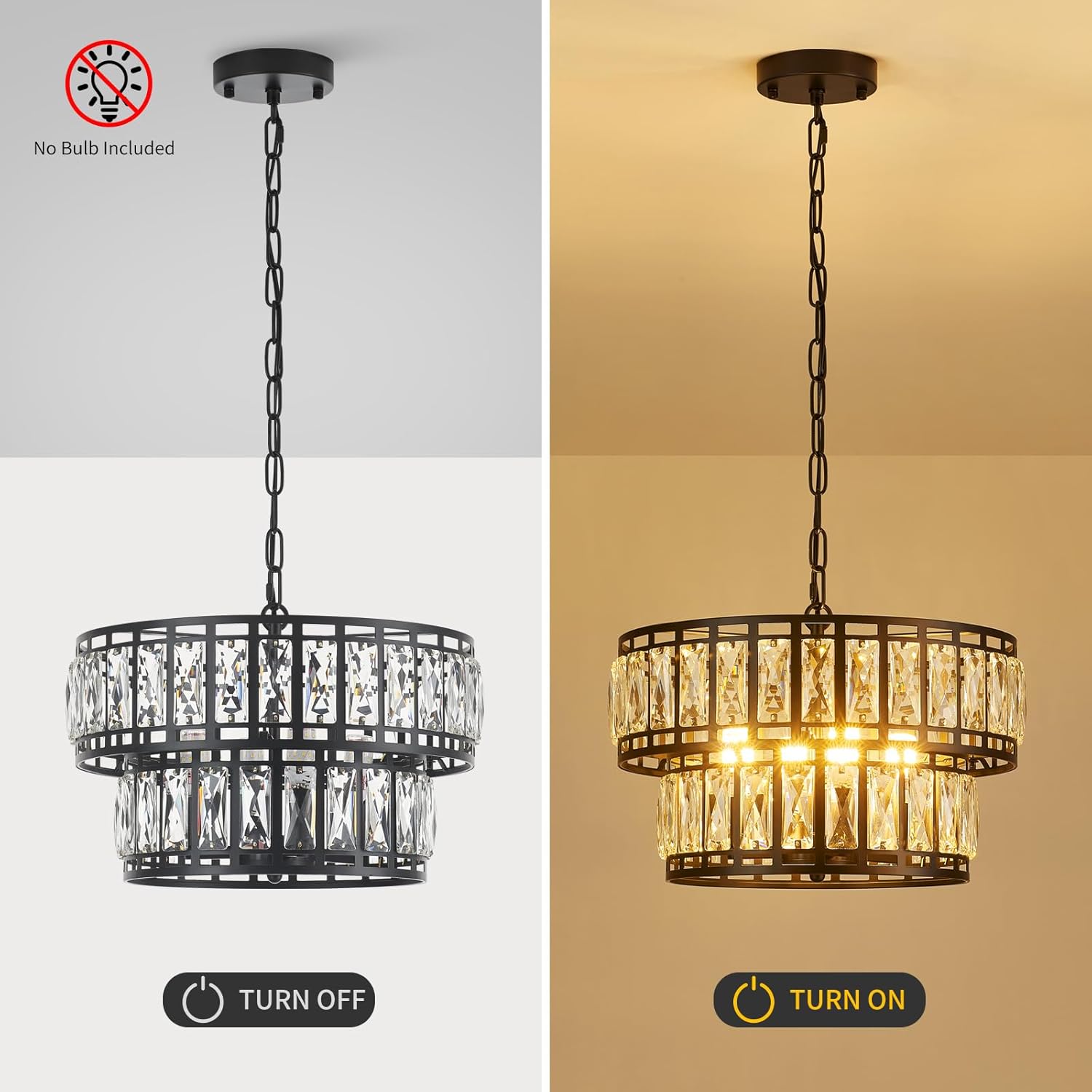 Modern Black Frame Crystal Chandelier – Double Layer Water Ripple Glass Pendant Light
