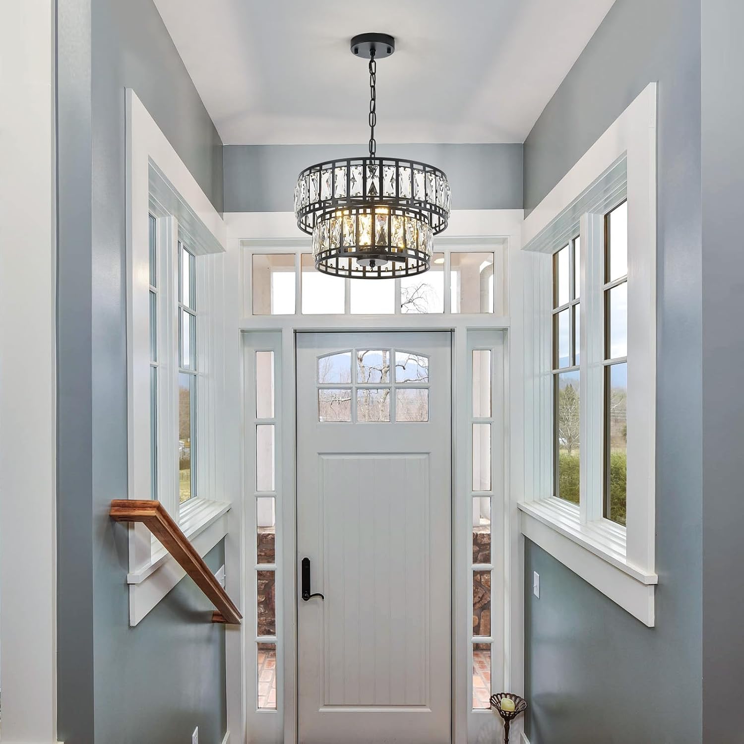 Modern Black Frame Crystal Chandelier – Double Layer Water Ripple Glass Pendant Light