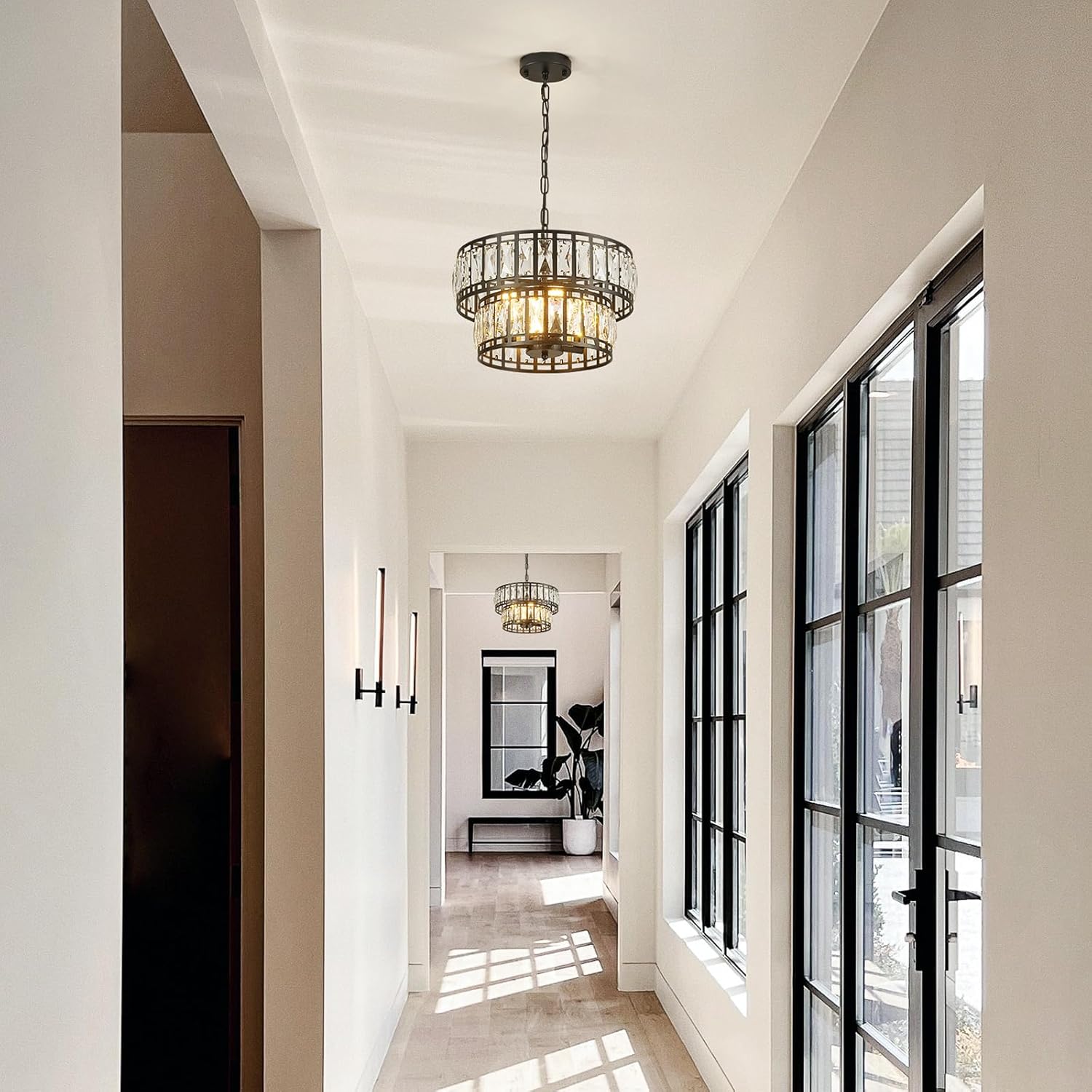 Modern Black Frame Crystal Chandelier – Double Layer Water Ripple Glass Pendant Light