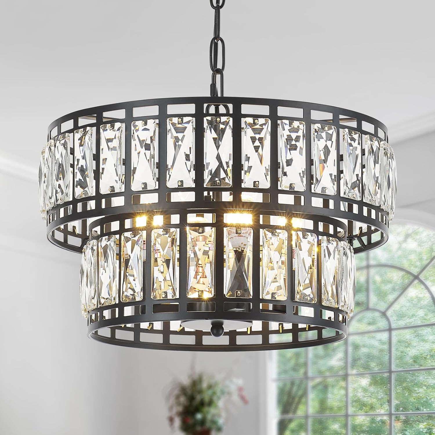 Modern Black Frame Crystal Chandelier – Double Layer Water Ripple Glass Pendant Light