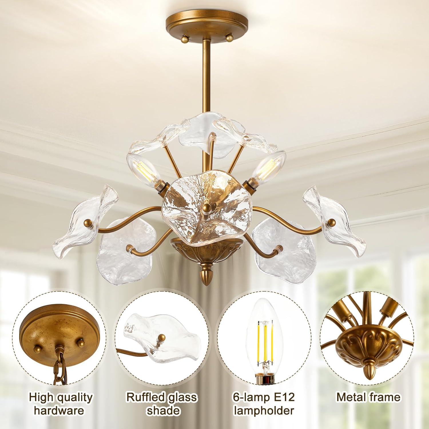 Modern Ruffled Glass Flower Chandelier - Dual Mount Ceiling Light with 6 E12 Sockets, Adjustable Height, Gold Metal Frame