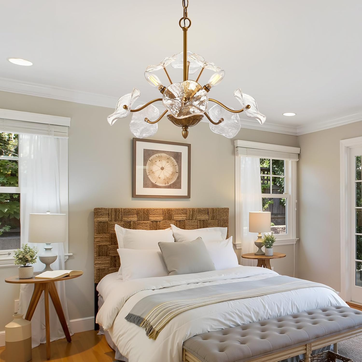 Modern Ruffled Glass Flower Chandelier - Dual Mount Ceiling Light with 6 E12 Sockets, Adjustable Height, Gold Metal Frame