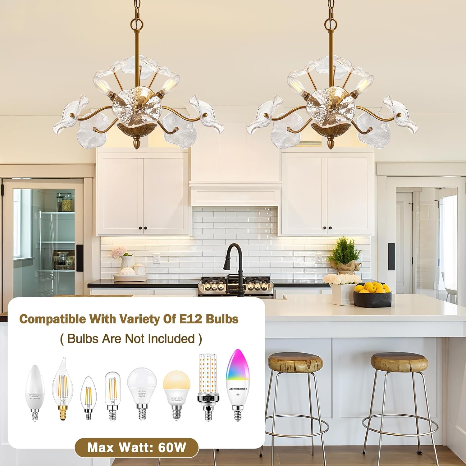Modern Ruffled Glass Flower Chandelier - Dual Mount Ceiling Light with 6 E12 Sockets, Adjustable Height, Gold Metal Frame
