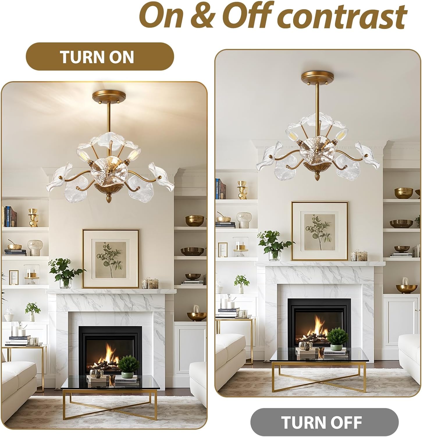 Modern Ruffled Glass Flower Chandelier - Dual Mount Ceiling Light with 6 E12 Sockets, Adjustable Height, Gold Metal Frame