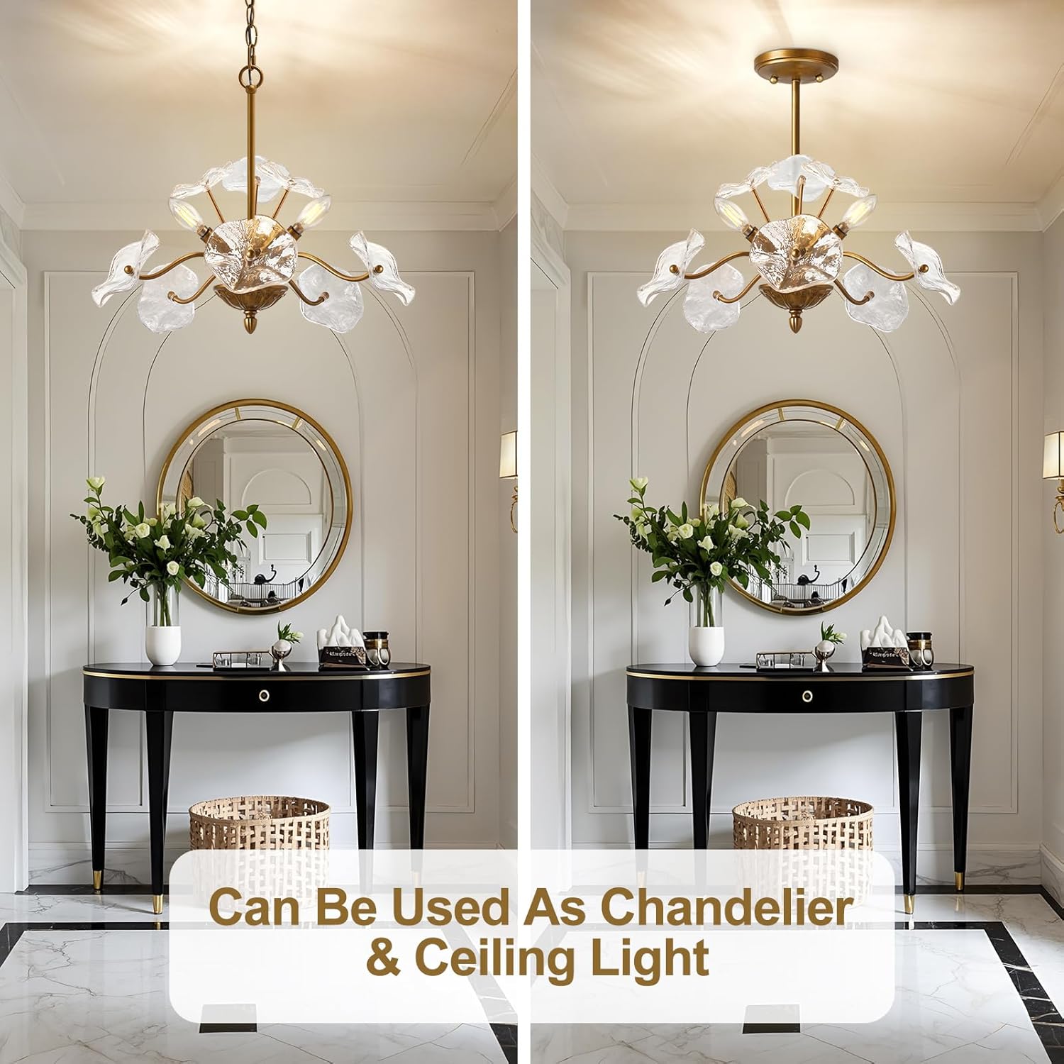 Modern Ruffled Glass Flower Chandelier - Dual Mount Ceiling Light with 6 E12 Sockets, Adjustable Height, Gold Metal Frame