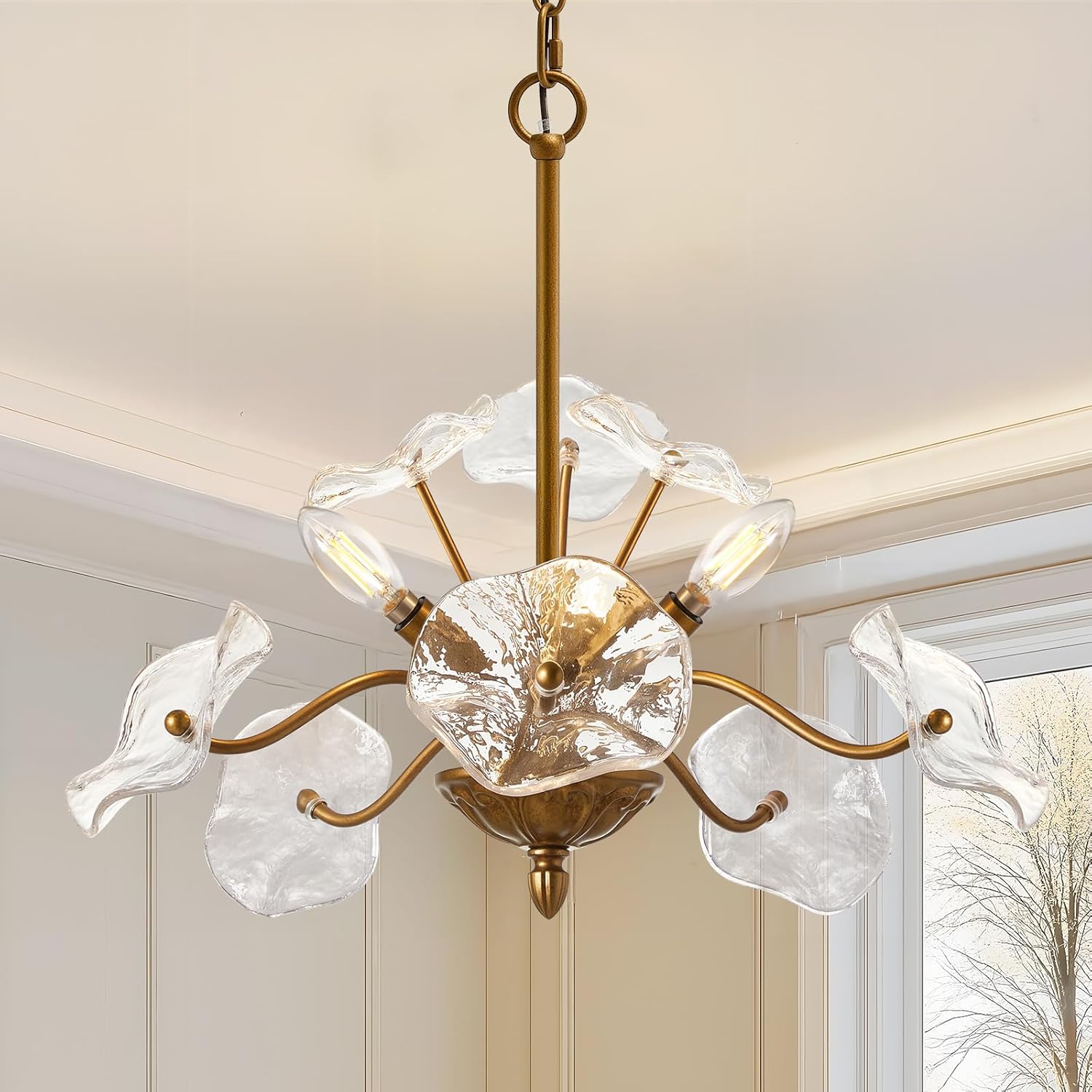Modern Ruffled Glass Flower Chandelier - Dual Mount Ceiling Light with 6 E12 Sockets, Adjustable Height, Gold Metal Frame