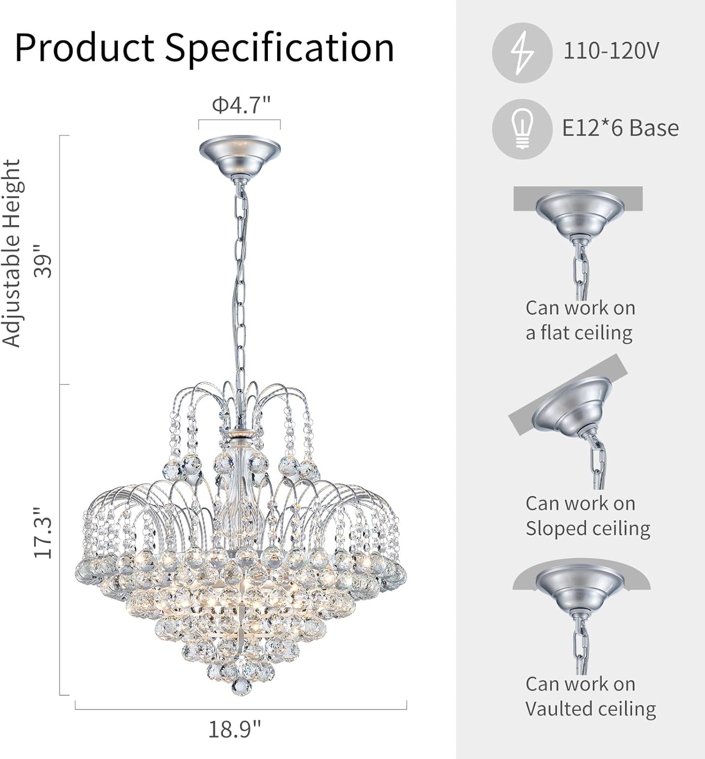 Luxury Crystal Chandelier Lighting with Adjustable Chain, E12 Base, 18.9'' Wide Elegant Tiered Ceiling Light for Living Room, Dining Room, Foyer