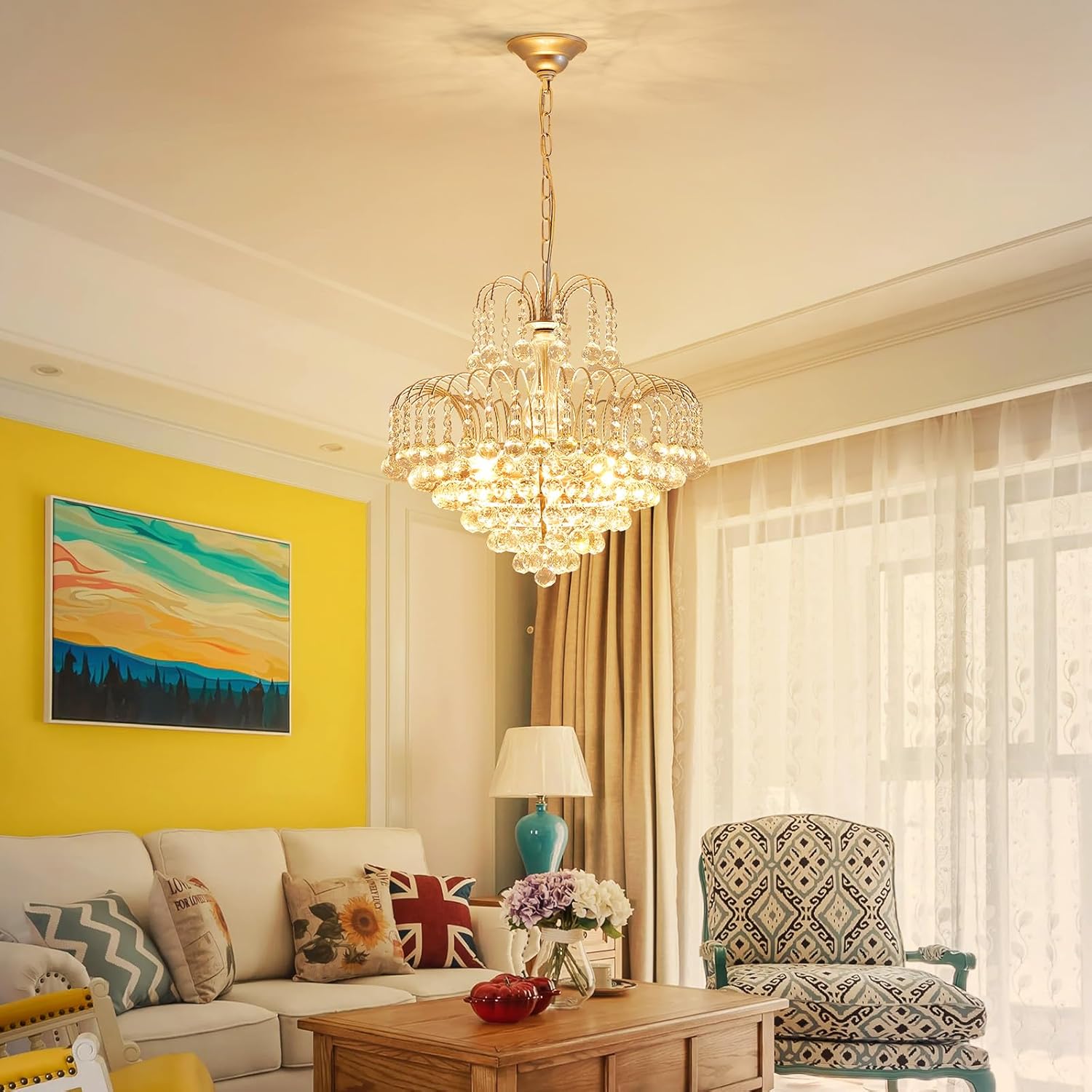 Luxury Crystal Chandelier Lighting with Adjustable Chain, E12 Base, 18.9'' Wide Elegant Tiered Ceiling Light for Living Room, Dining Room, Foyer