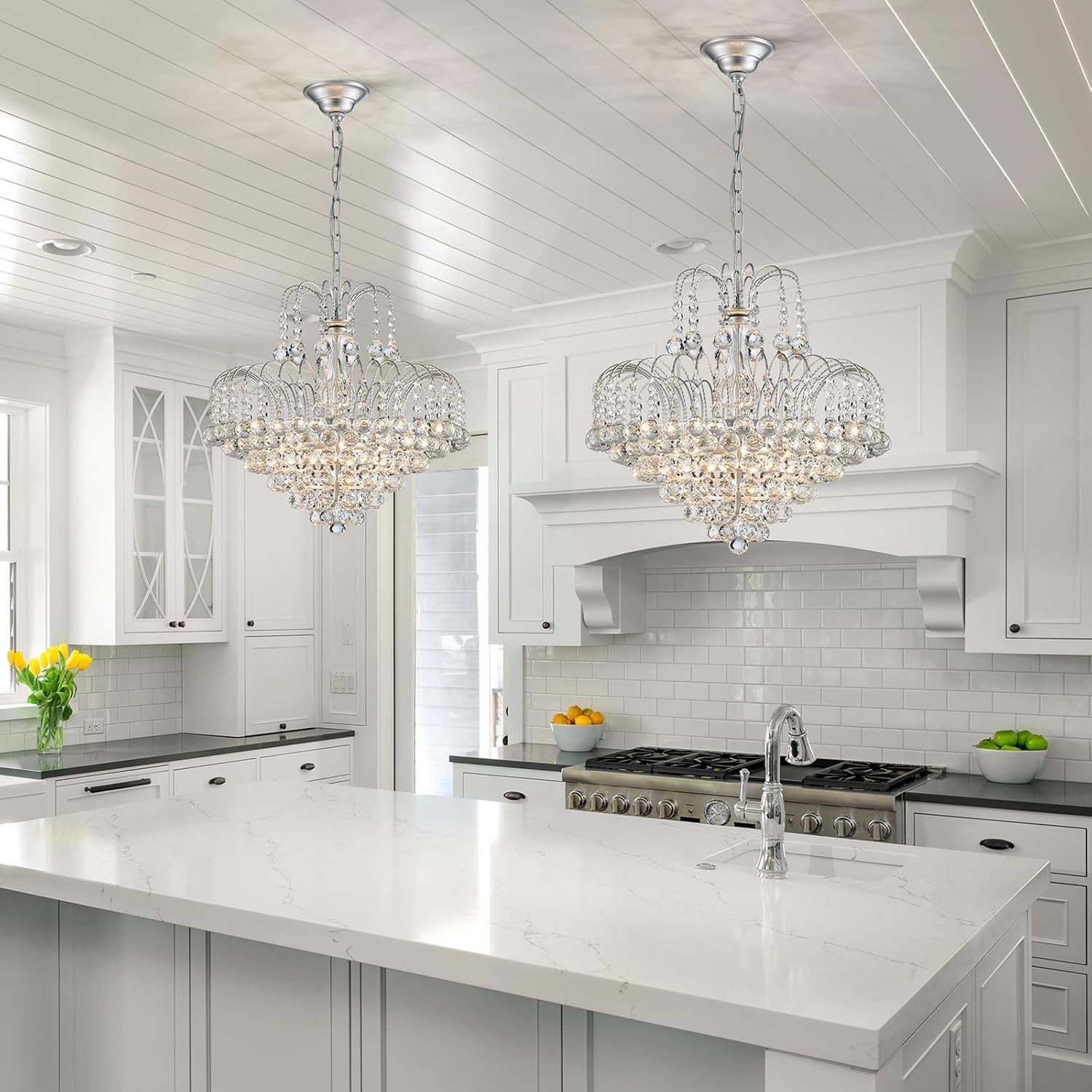 Luxury Crystal Chandelier Lighting with Adjustable Chain, E12 Base, 18.9'' Wide Elegant Tiered Ceiling Light for Living Room, Dining Room, Foyer