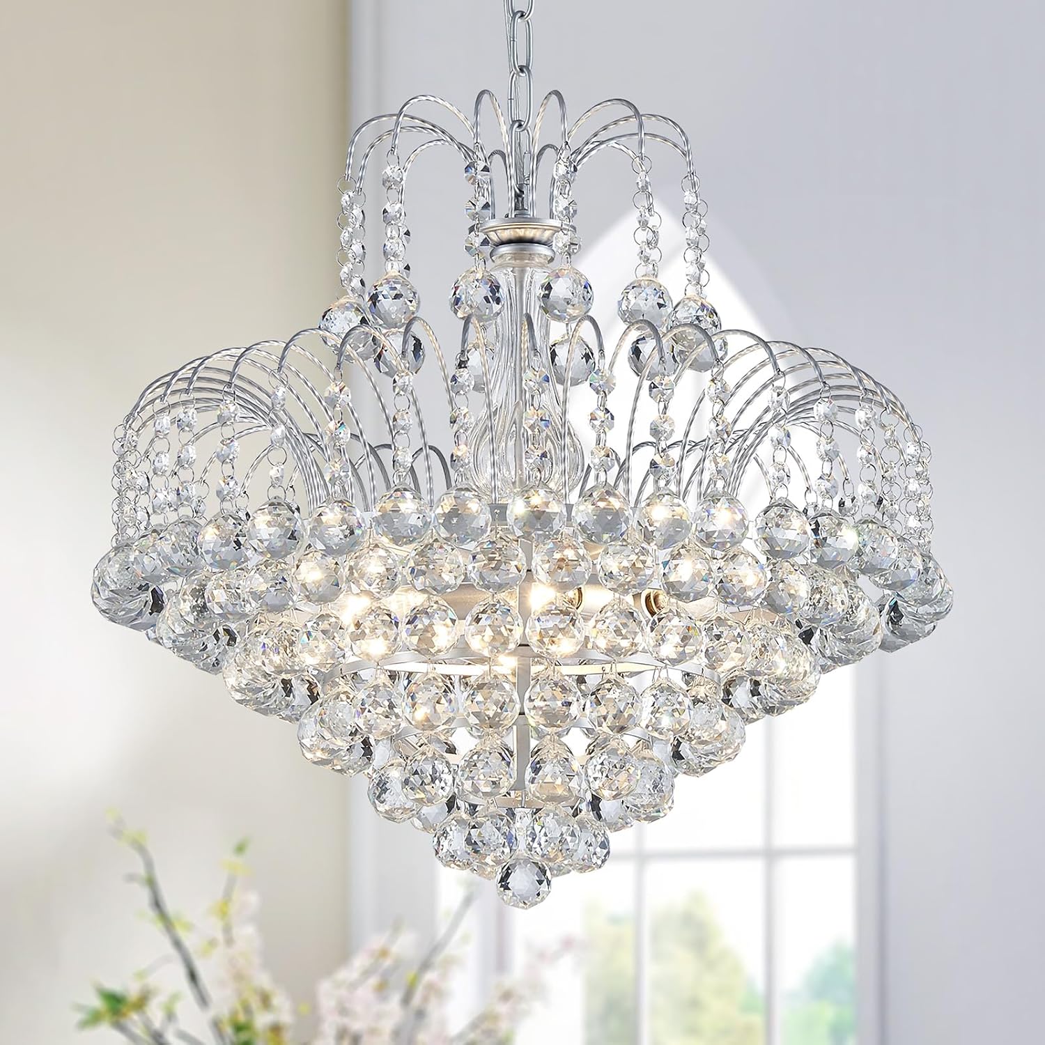 Luxury Crystal Chandelier Lighting with Adjustable Chain, E12 Base, 18.9'' Wide Elegant Tiered Ceiling Light for Living Room, Dining Room, Foyer