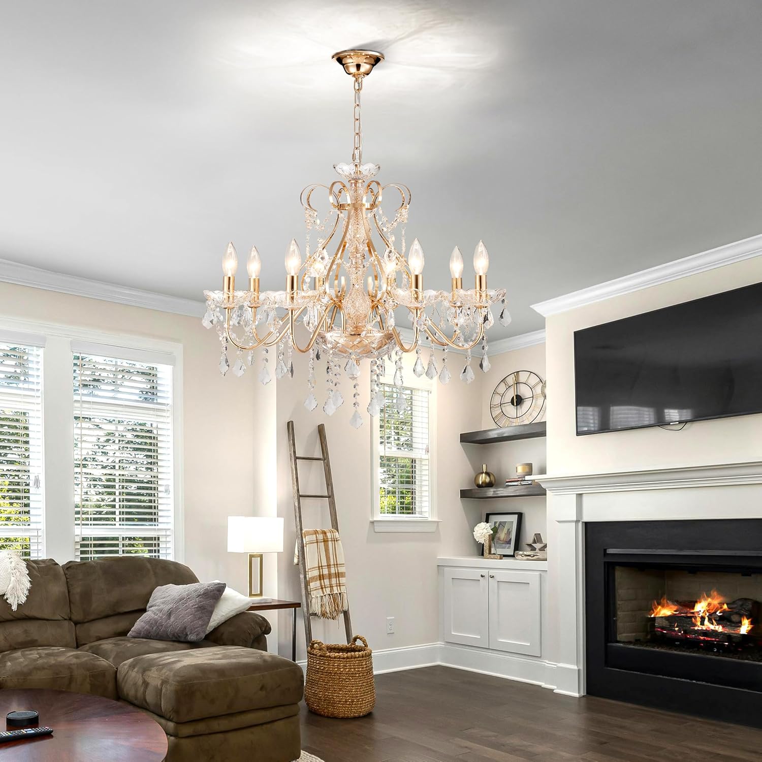 Gold Crystal Chandelier – 8-Light Luxury Pendant with Adjustable Chain for Dining & Foyer