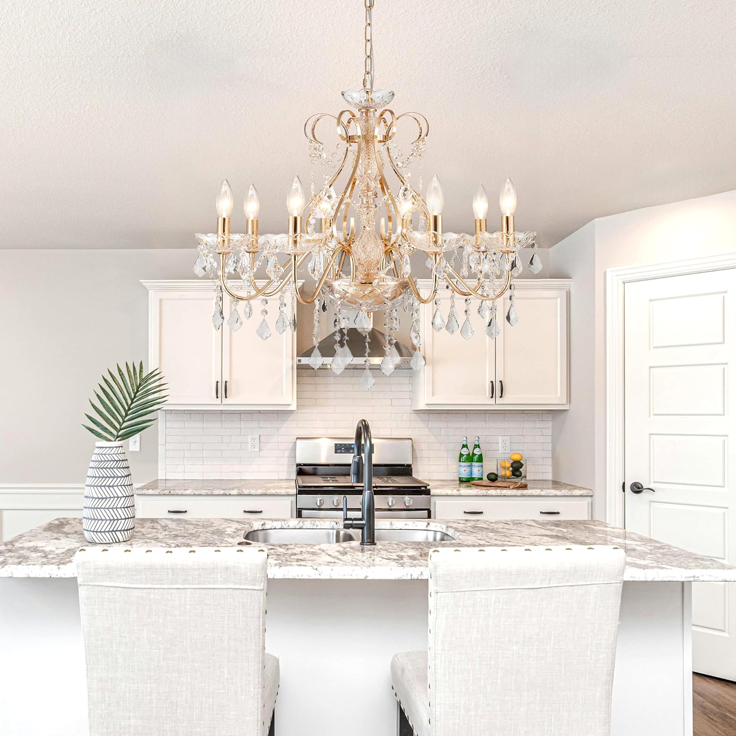 Gold Crystal Chandelier – 8-Light Luxury Pendant with Adjustable Chain for Dining & Foyer