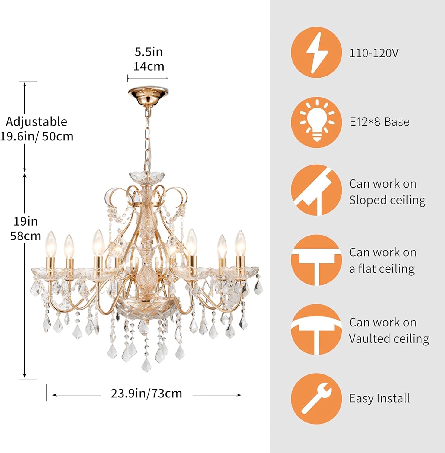 Gold Crystal Chandelier – 8-Light Luxury Pendant with Adjustable Chain for Dining & Foyer