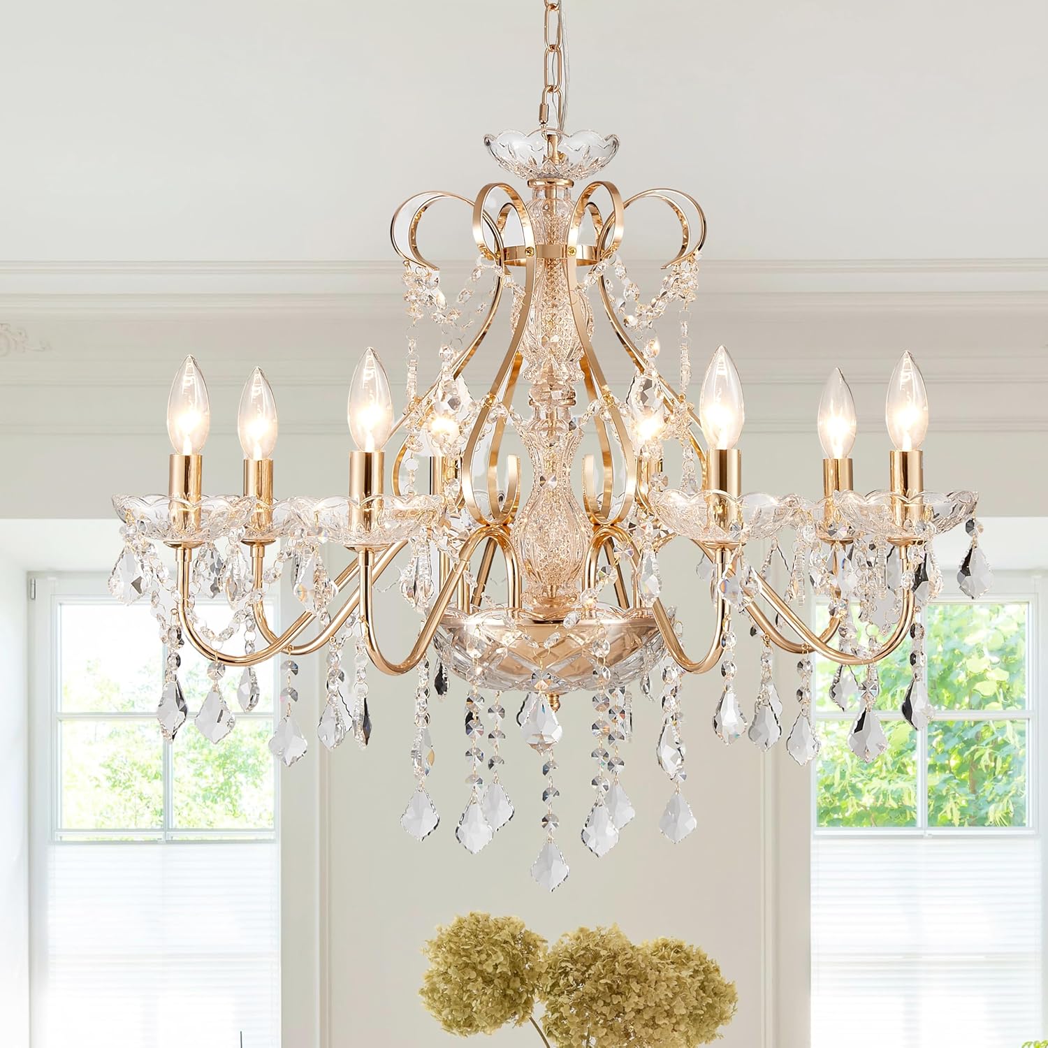Gold Crystal Chandelier – 8-Light Luxury Pendant with Adjustable Chain for Dining & Foyer