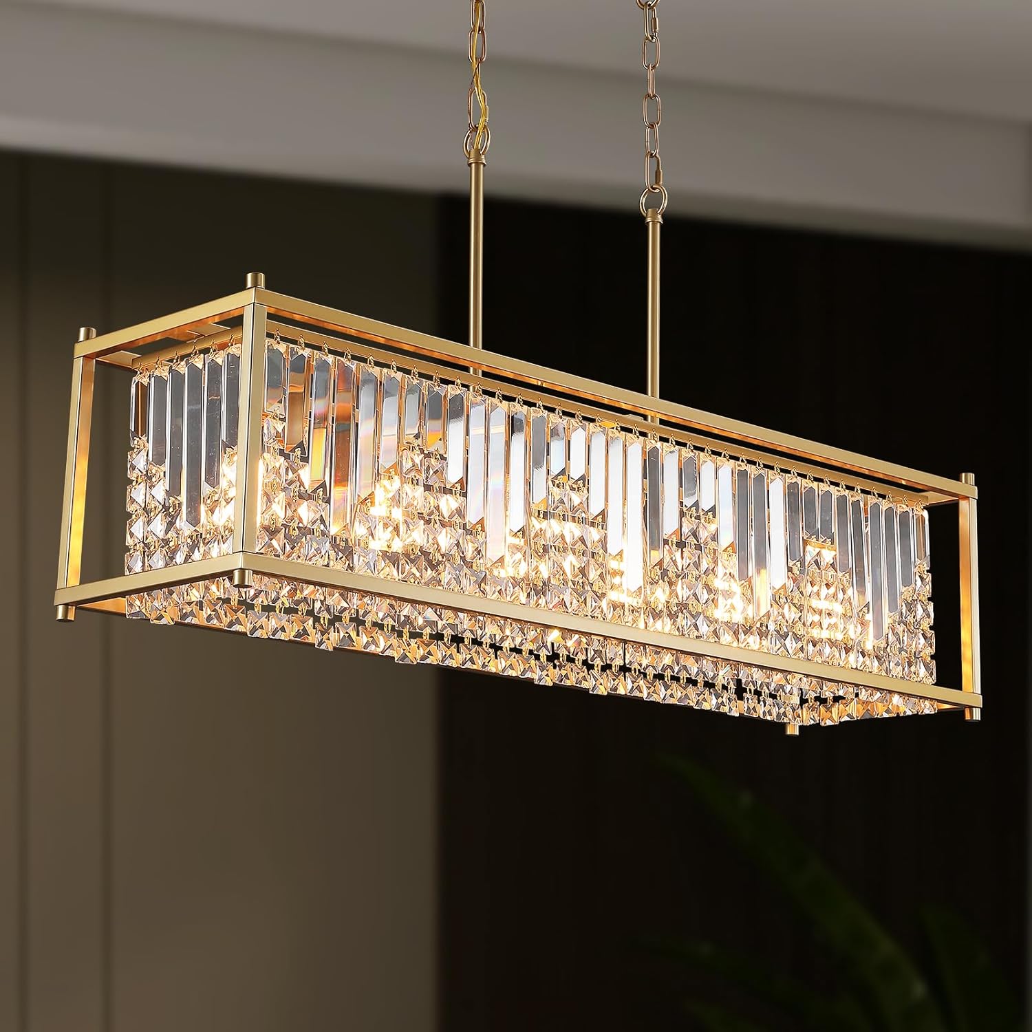 Modern Gold Rectangular Crystal Chandelier with E26 Base