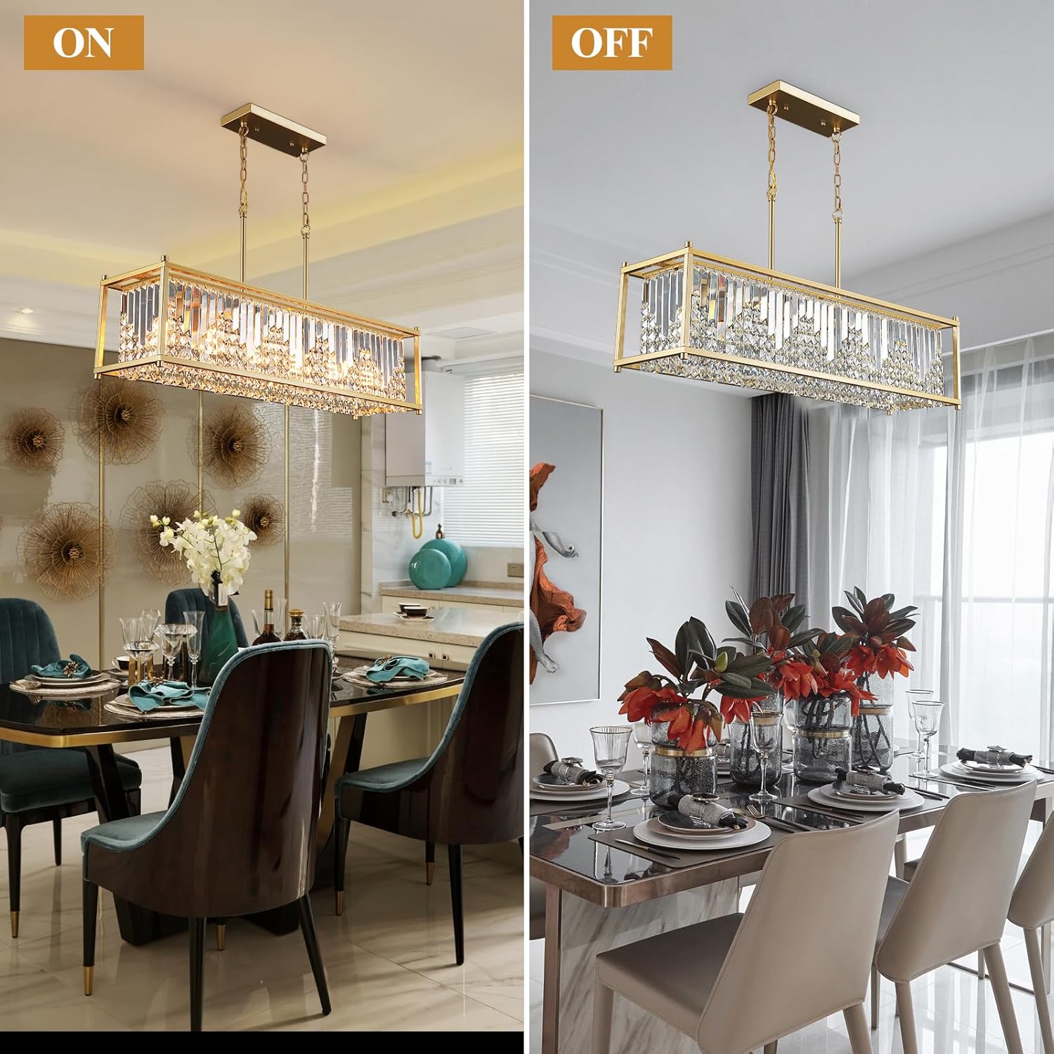 Modern Gold Rectangular Crystal Chandelier with E26 Base