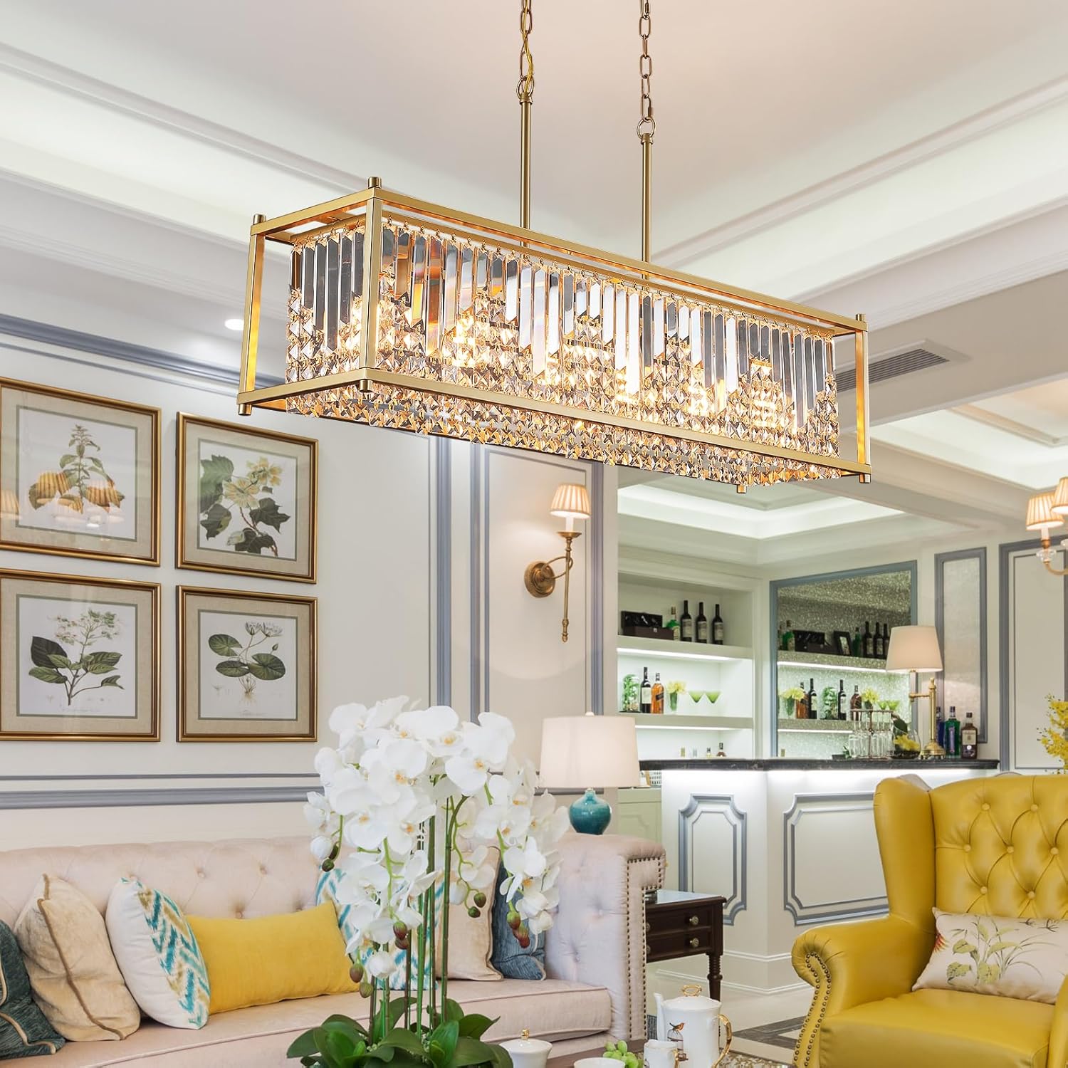 Modern Gold Rectangular Crystal Chandelier with E26 Base