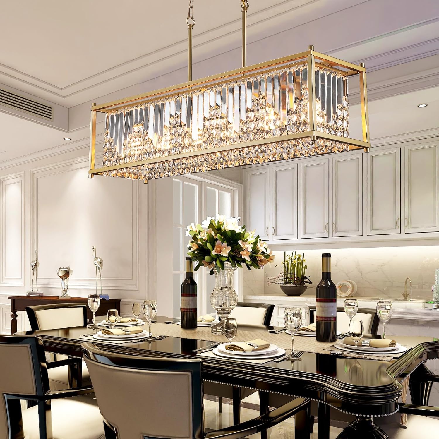 Modern Gold Rectangular Crystal Chandelier with E26 Base