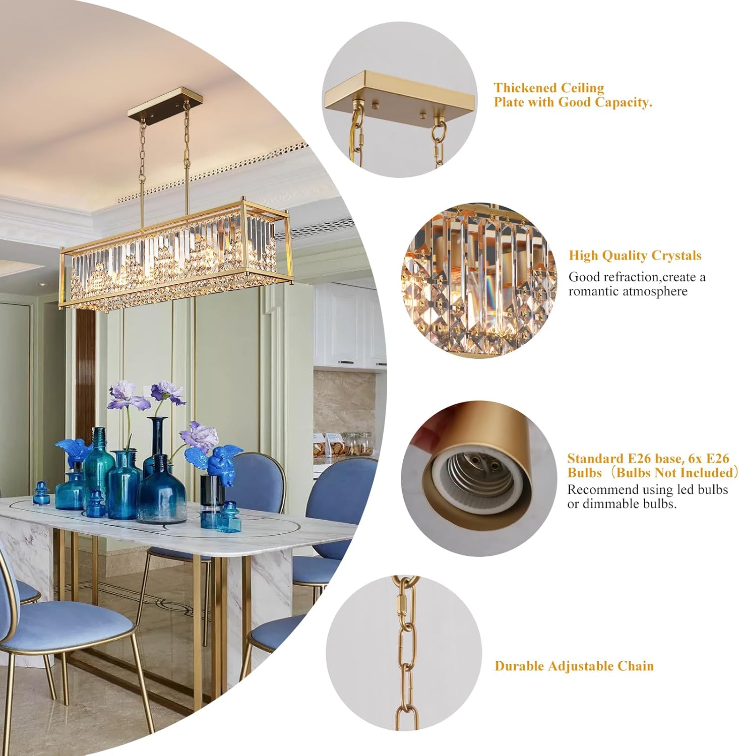 Modern Gold Rectangular Crystal Chandelier with E26 Base