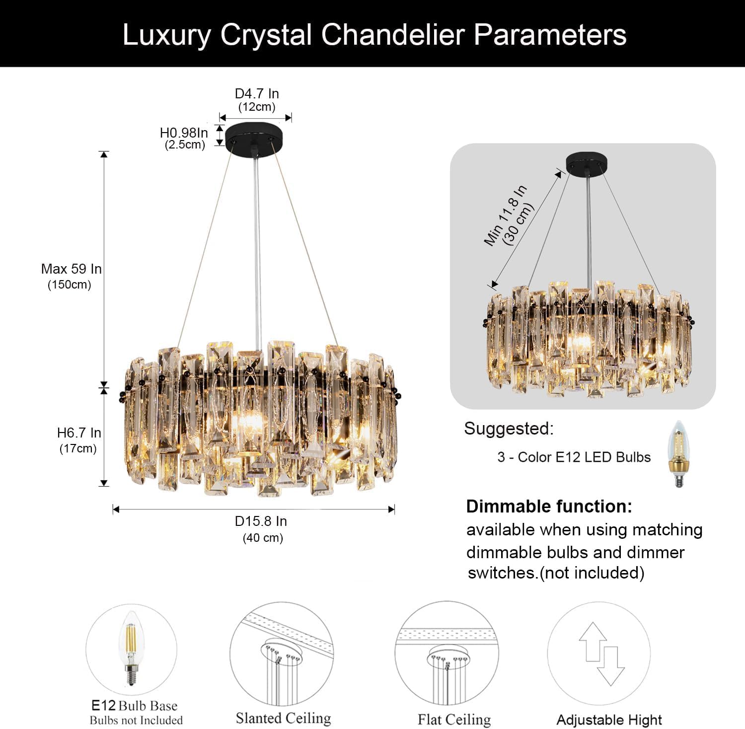 Black Round Luxury Crystal Chandelier with 3-Color Dimmable E12 Lighting