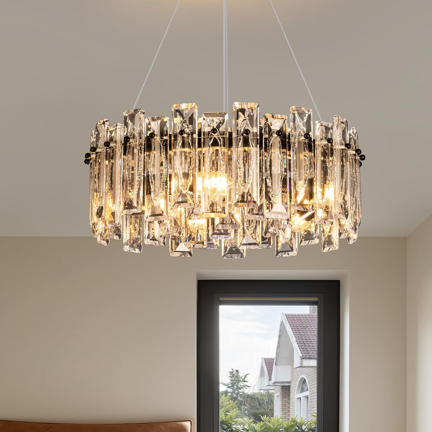 Black Round Luxury Crystal Chandelier with 3-Color Dimmable E12 Lighting