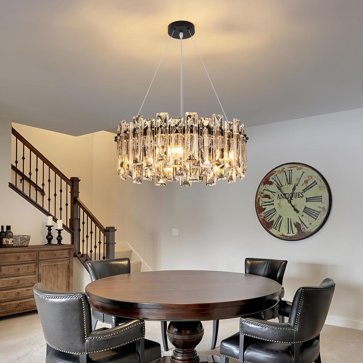 Black Round Luxury Crystal Chandelier with 3-Color Dimmable E12 Lighting