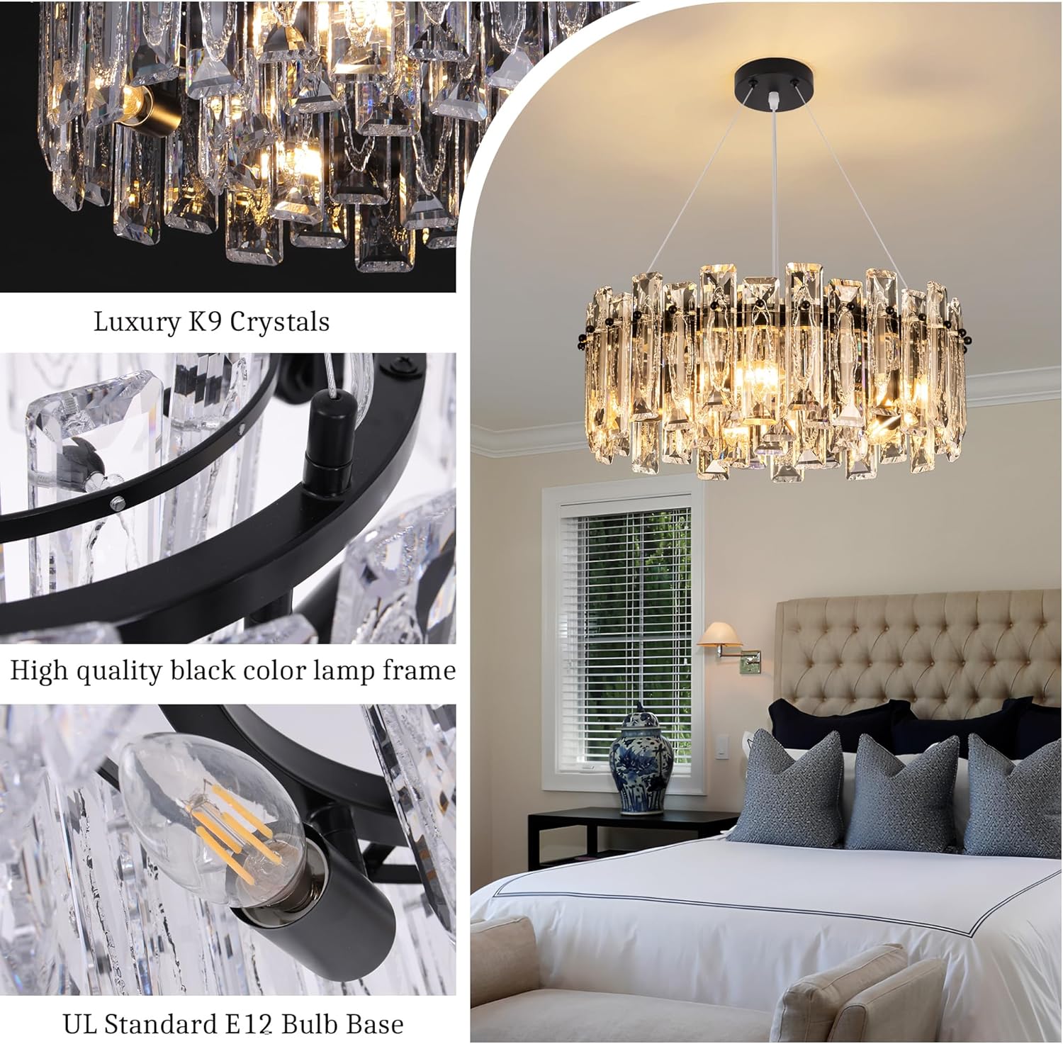 Black Round Luxury Crystal Chandelier with 3-Color Dimmable E12 Lighting