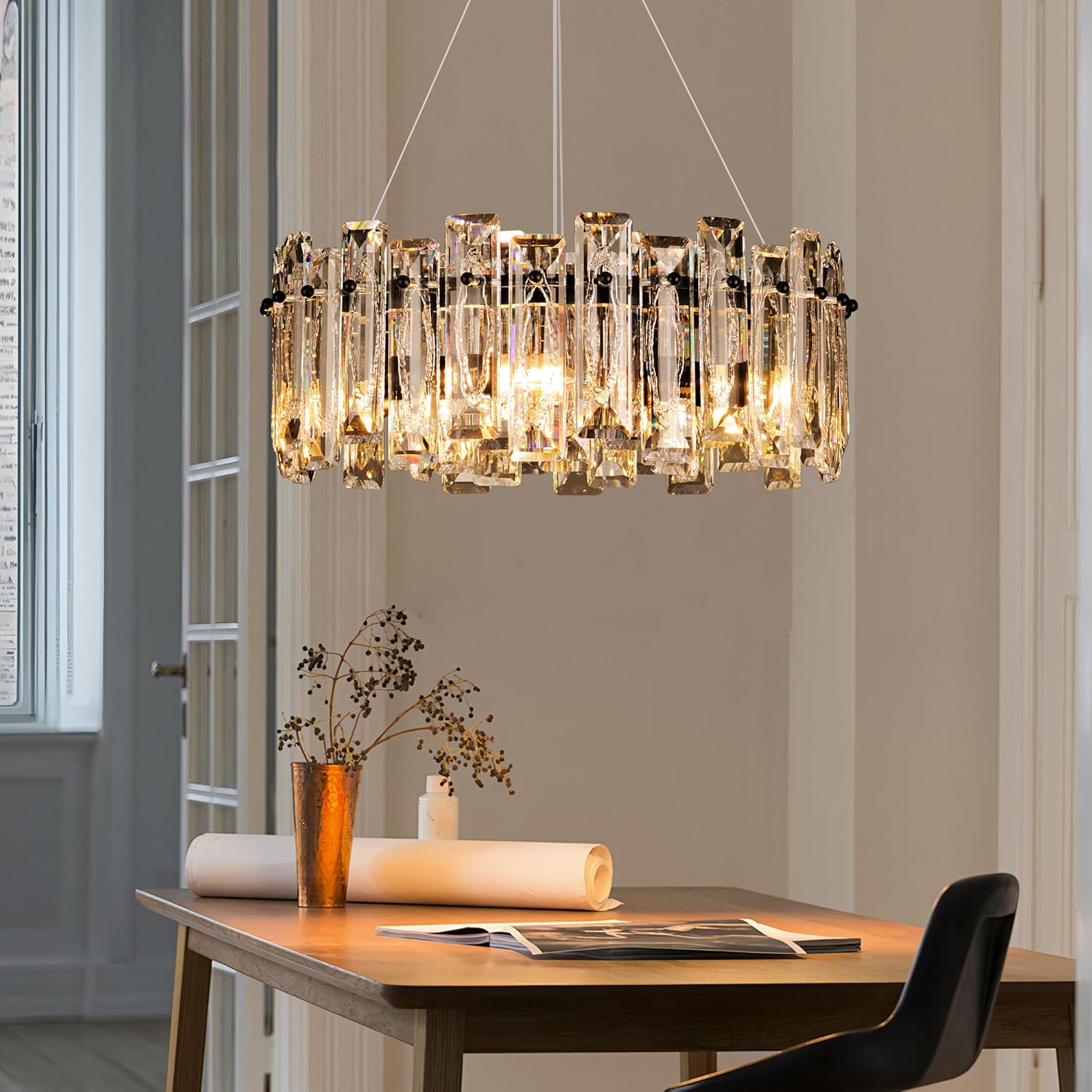 Black Round Luxury Crystal Chandelier with 3-Color Dimmable E12 Lighting