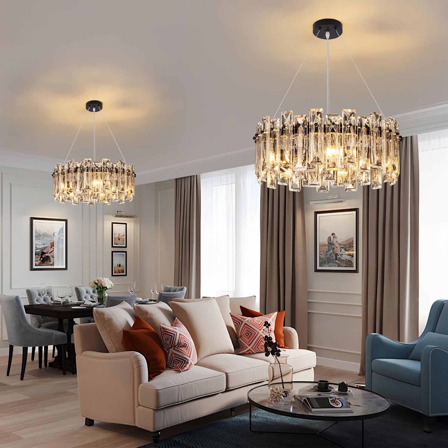 Black Round Luxury Crystal Chandelier with 3-Color Dimmable E12 Lighting