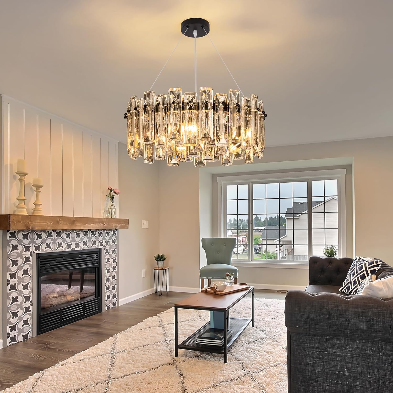 Black Round Luxury Crystal Chandelier with 3-Color Dimmable E12 Lighting