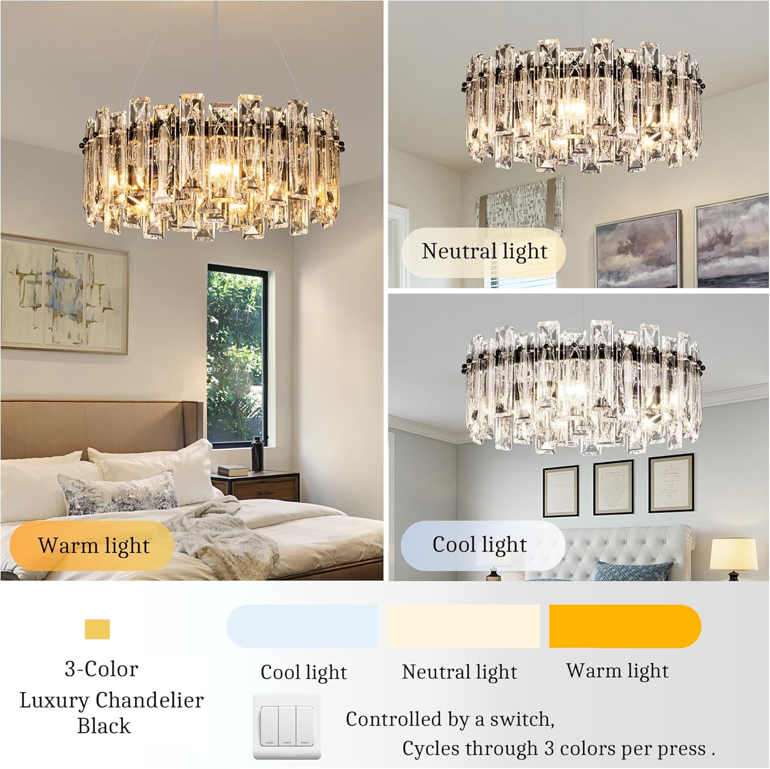 Black Round Luxury Crystal Chandelier with 3-Color Dimmable E12 Lighting