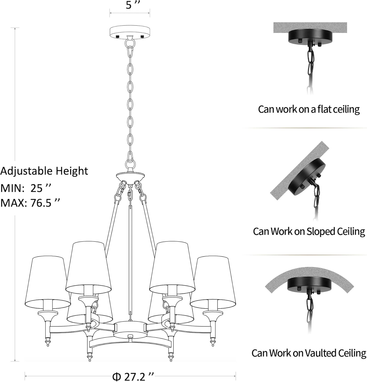Modern Gold 6-Light Chandelier with Fabric Shades Adjustable Height Ceiling Pendant Light