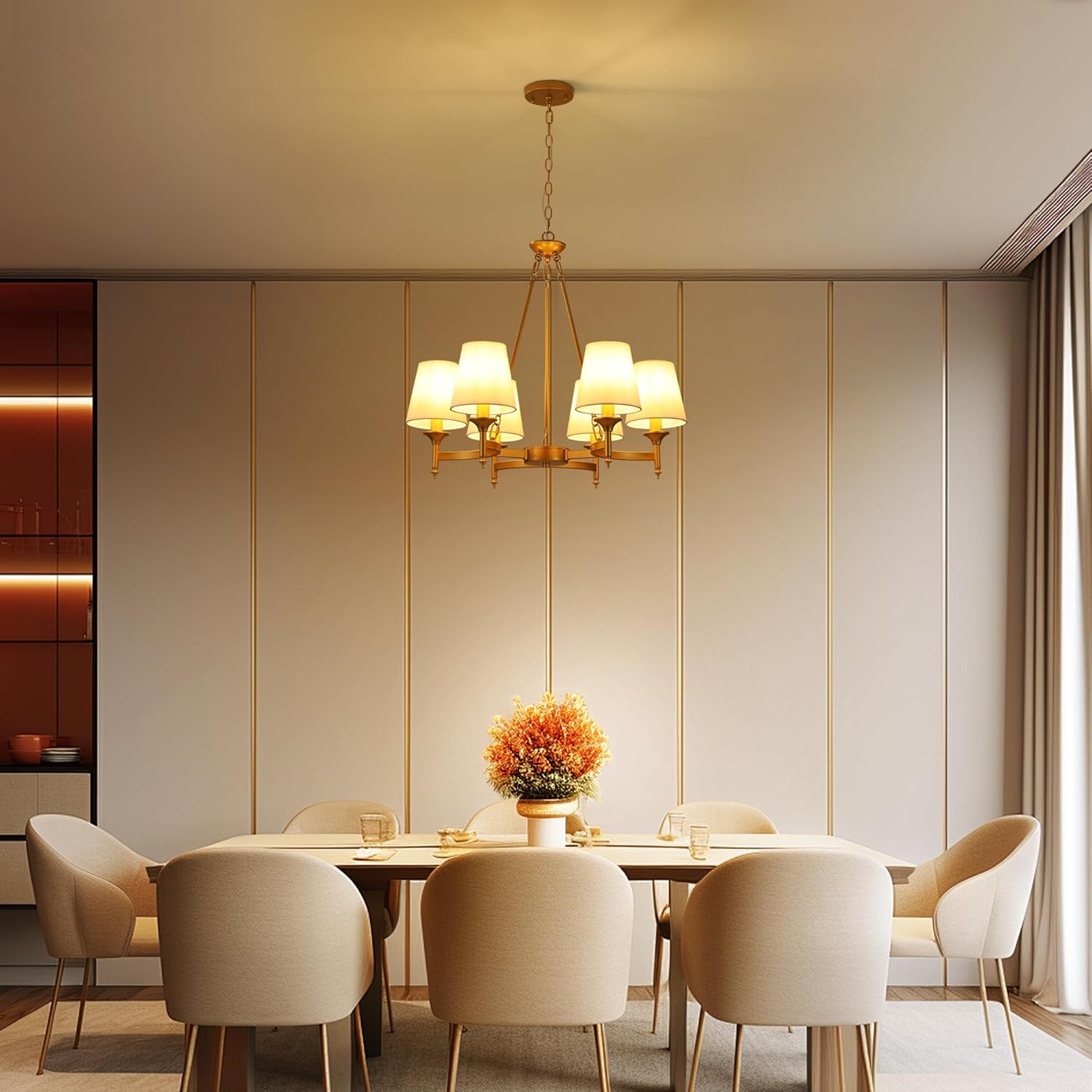 Modern Gold 6-Light Chandelier with Fabric Shades Adjustable Height Ceiling Pendant Light