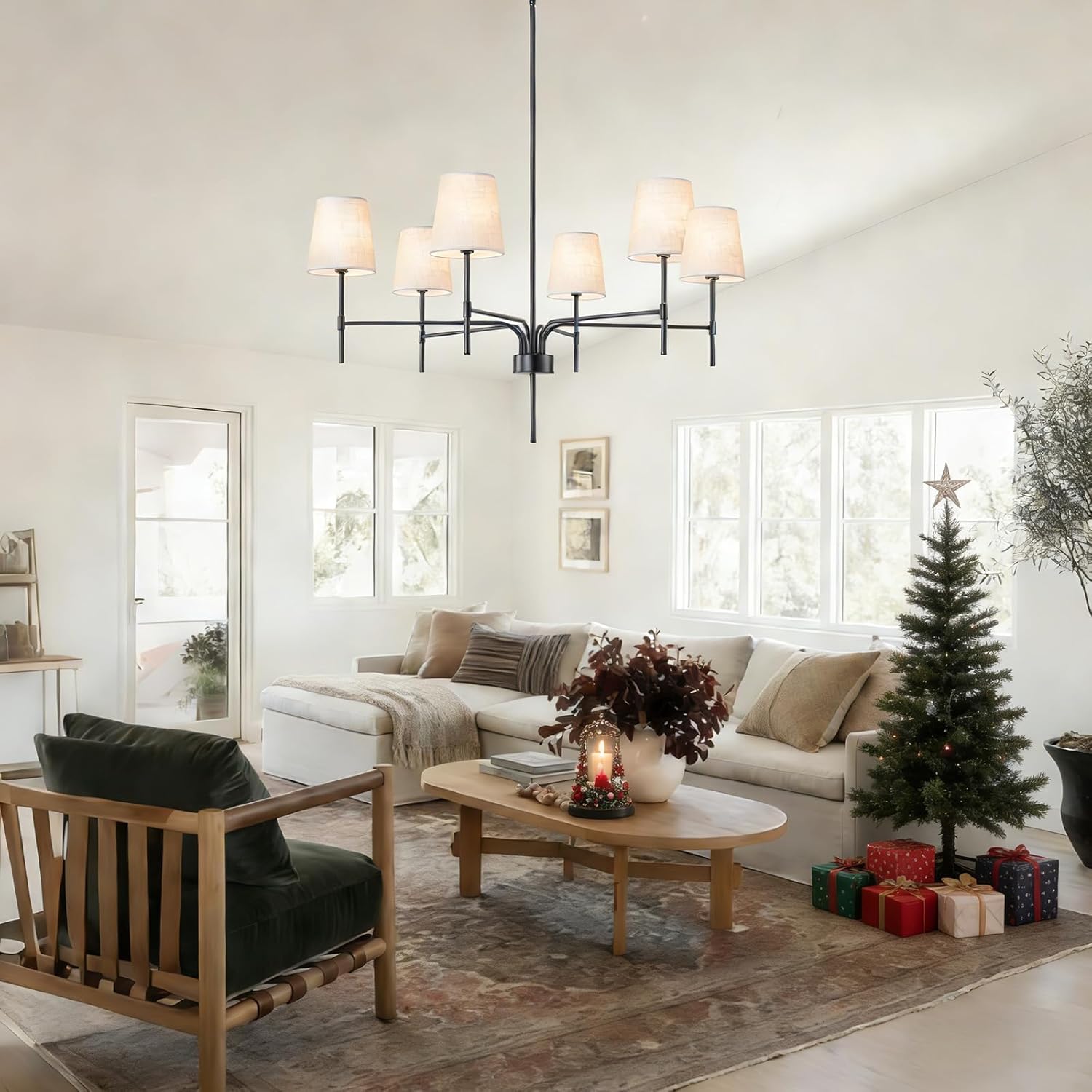 Modern Matte Black 6-Light Chandelier with Fabric Shades Adjustable Rod Ceiling Pendant Light