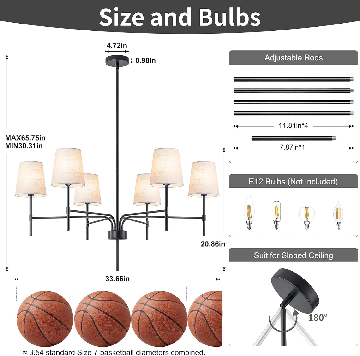 Modern Matte Black 6-Light Chandelier with Fabric Shades Adjustable Rod Ceiling Pendant Light