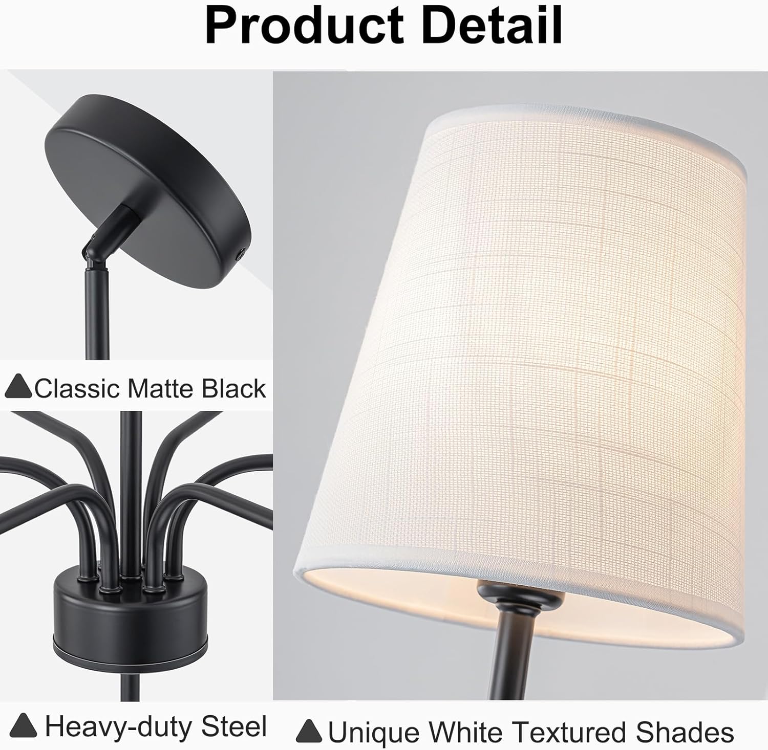 Modern Matte Black 6-Light Chandelier with Fabric Shades Adjustable Rod Ceiling Pendant Light