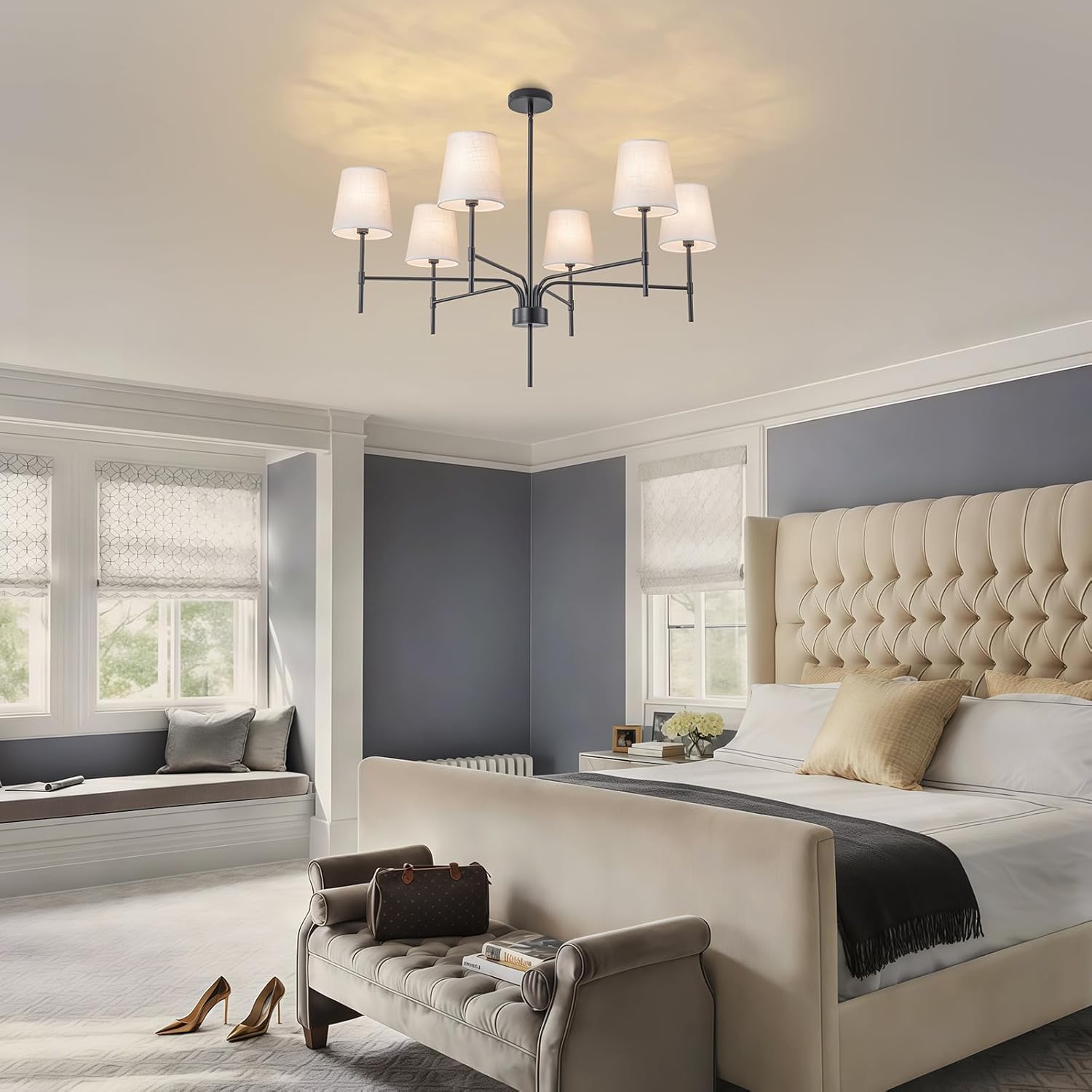 Modern Matte Black 6-Light Chandelier with Fabric Shades Adjustable Rod Ceiling Pendant Light