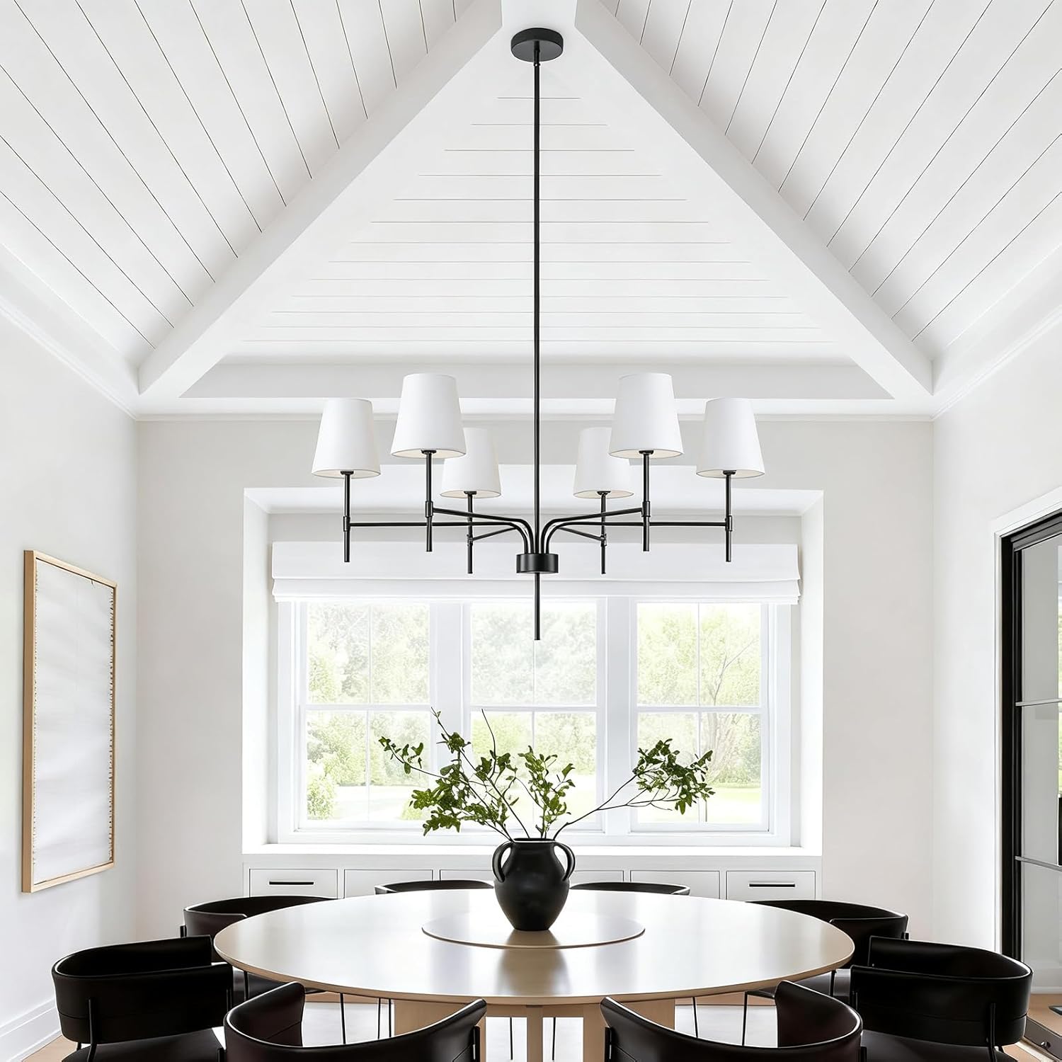 Modern Matte Black 6-Light Chandelier with Fabric Shades Adjustable Rod Ceiling Pendant Light