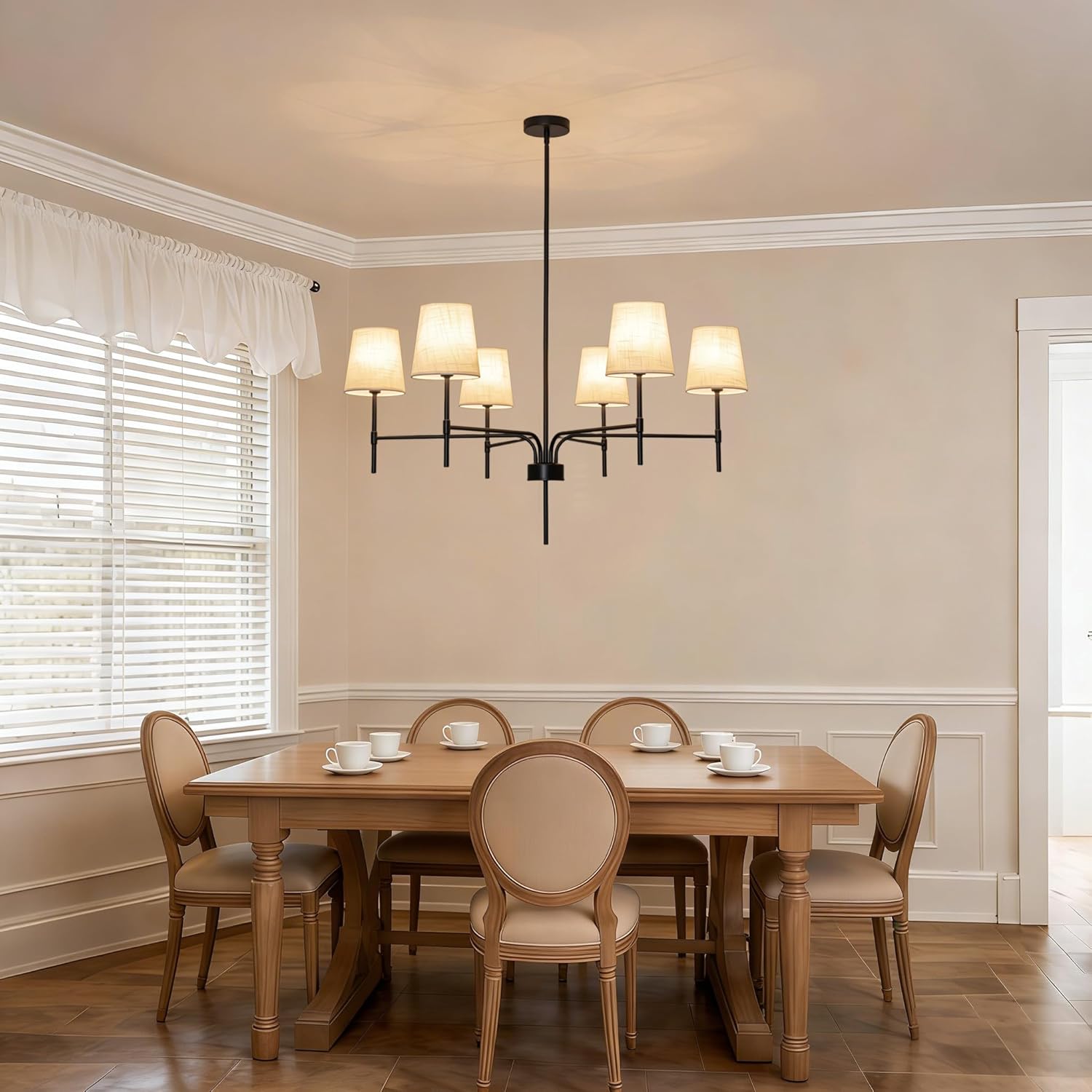 Modern Matte Black 6-Light Chandelier with Fabric Shades Adjustable Rod Ceiling Pendant Light