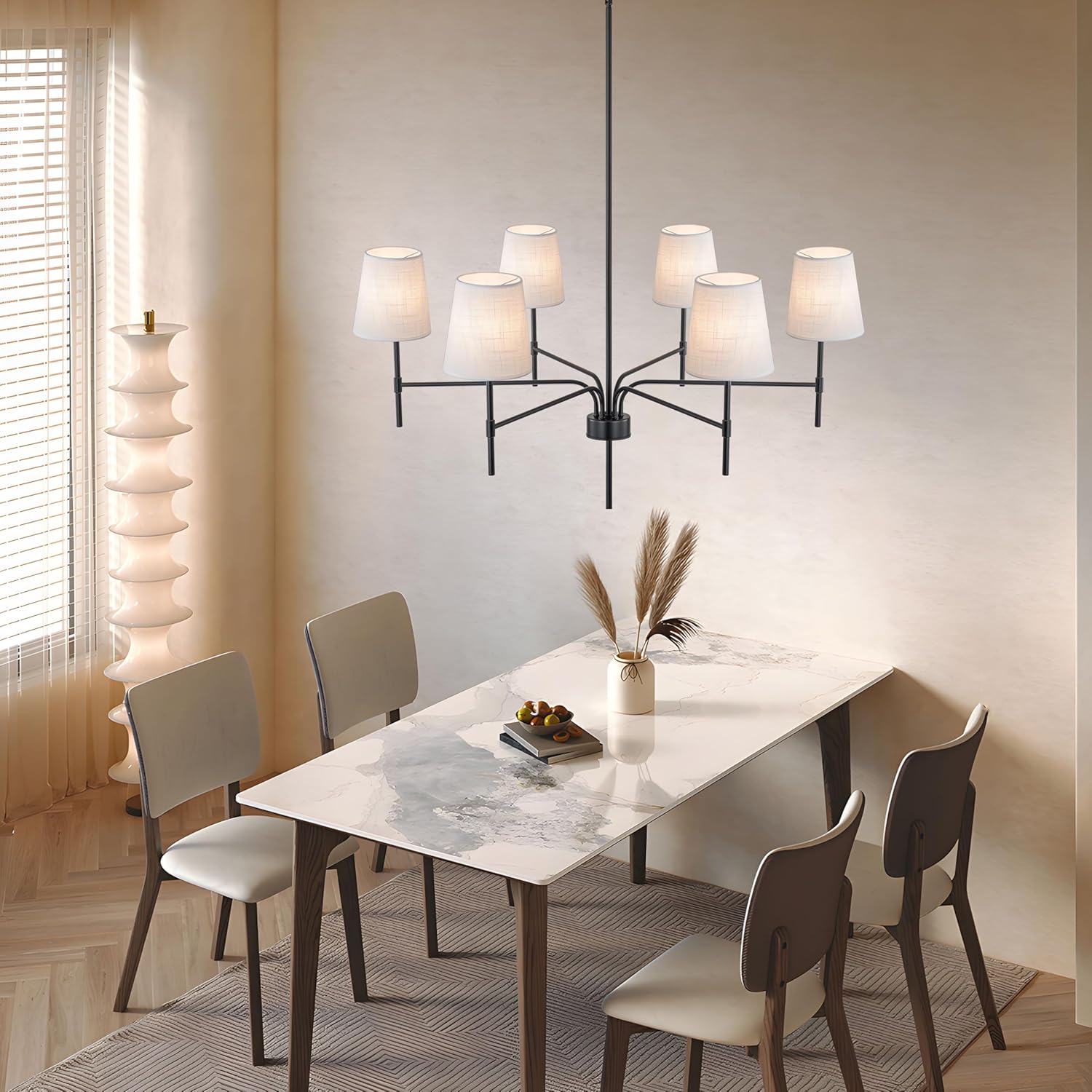 Modern Matte Black 6-Light Chandelier with Fabric Shades Adjustable Rod Ceiling Pendant Light