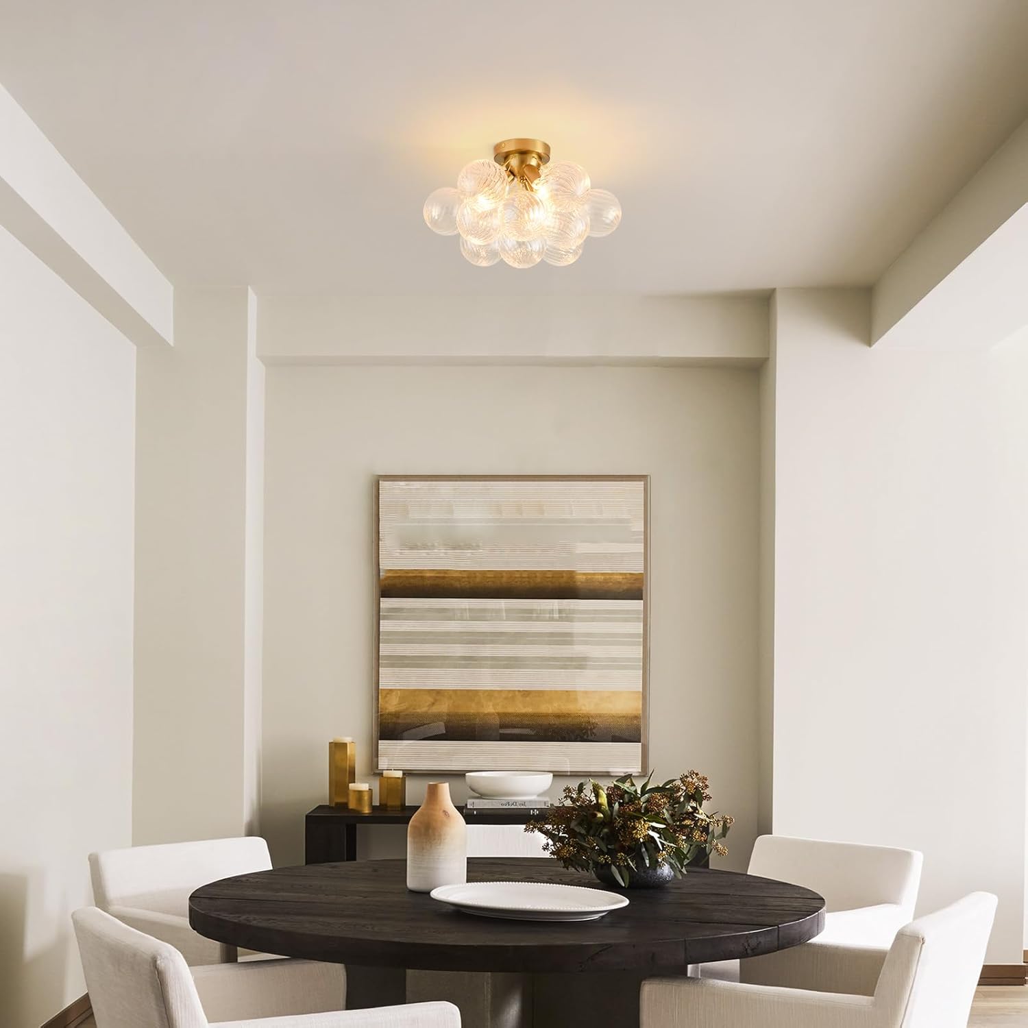 Modern Flush Mount Glass Bubble Ceiling Light – 17” Artistic Gold Chandelier with E12 Base for Bedroom & Entryway
